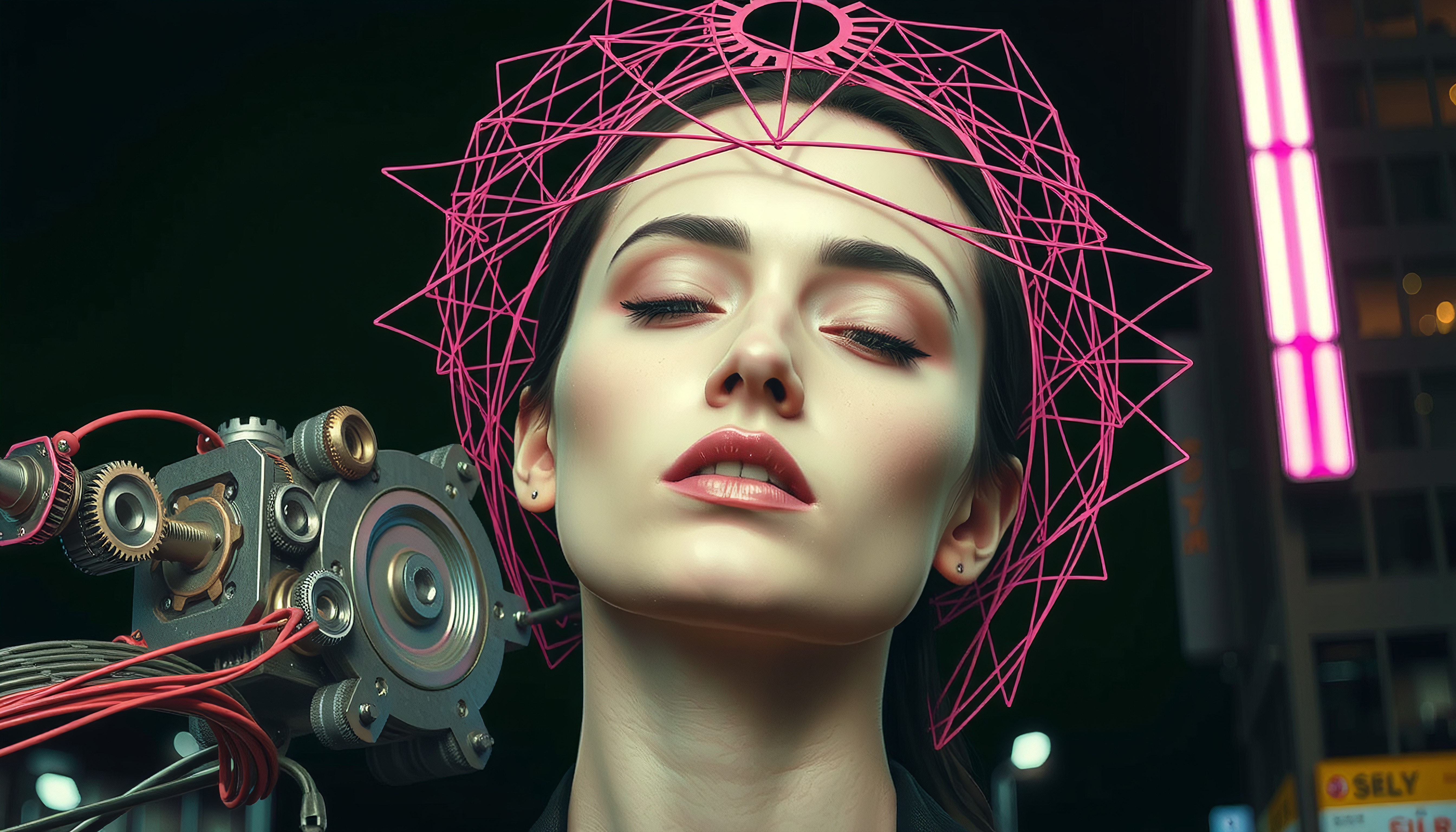 Woman wearing cybernetic helmet surrounded by neon-lit futuristic cityscape during nighttime featuring intricate mechanical devices and glowing pink energy lines connecting to her head