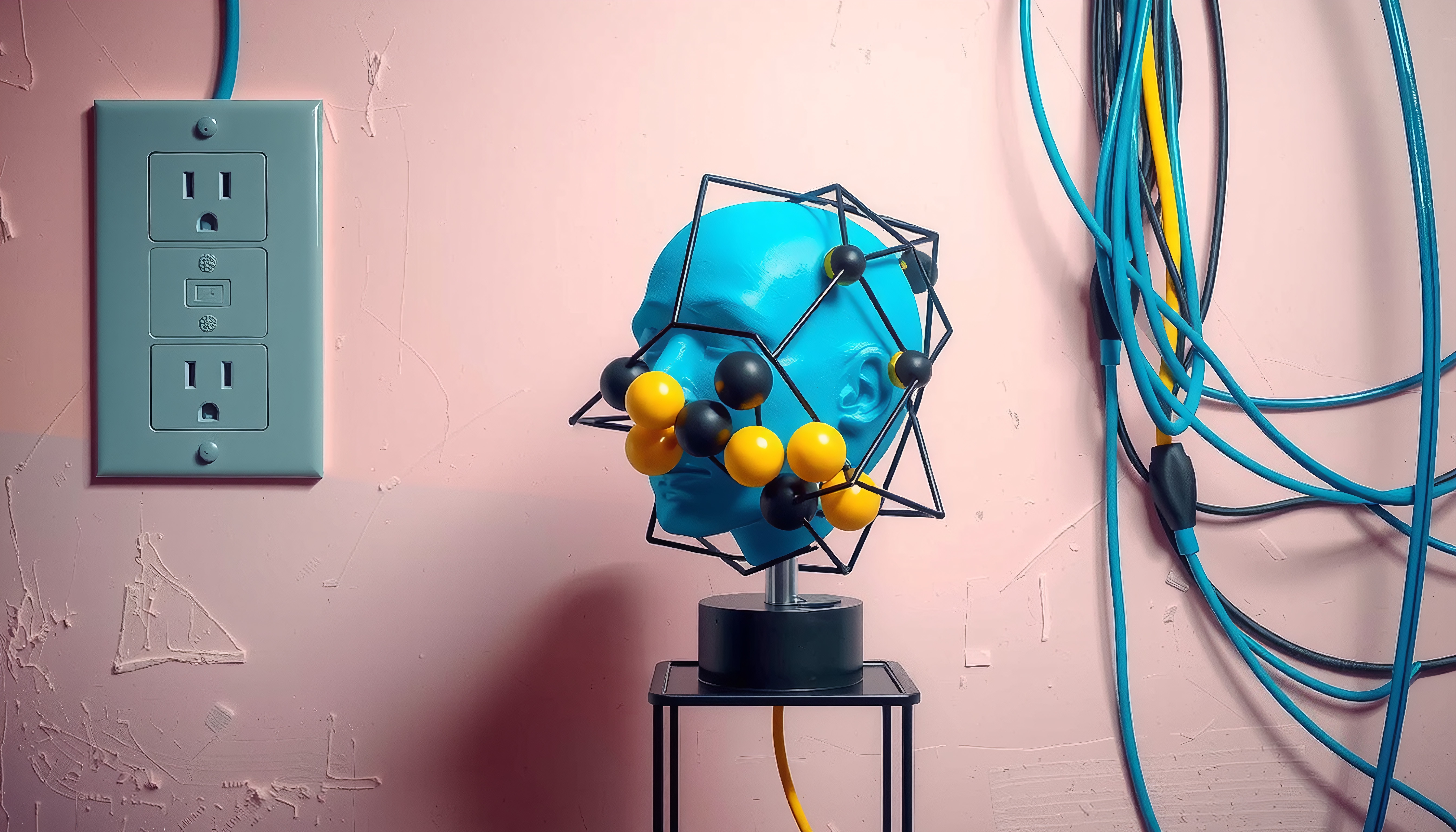 A blue head with geometric frame and colorful cables against a pink wall.