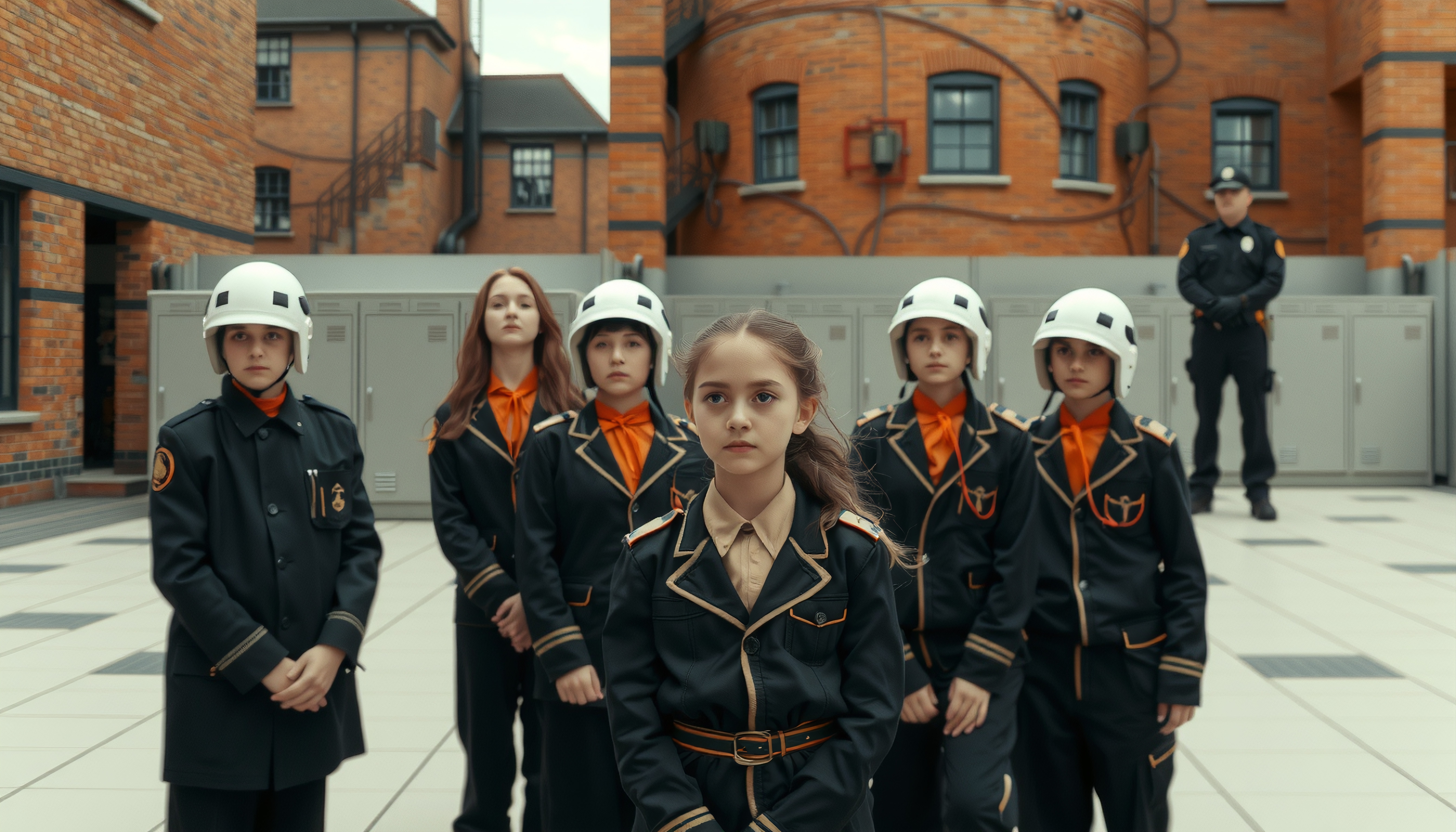 Group of young individuals in uniforms standing in formation in a brick courtyard.