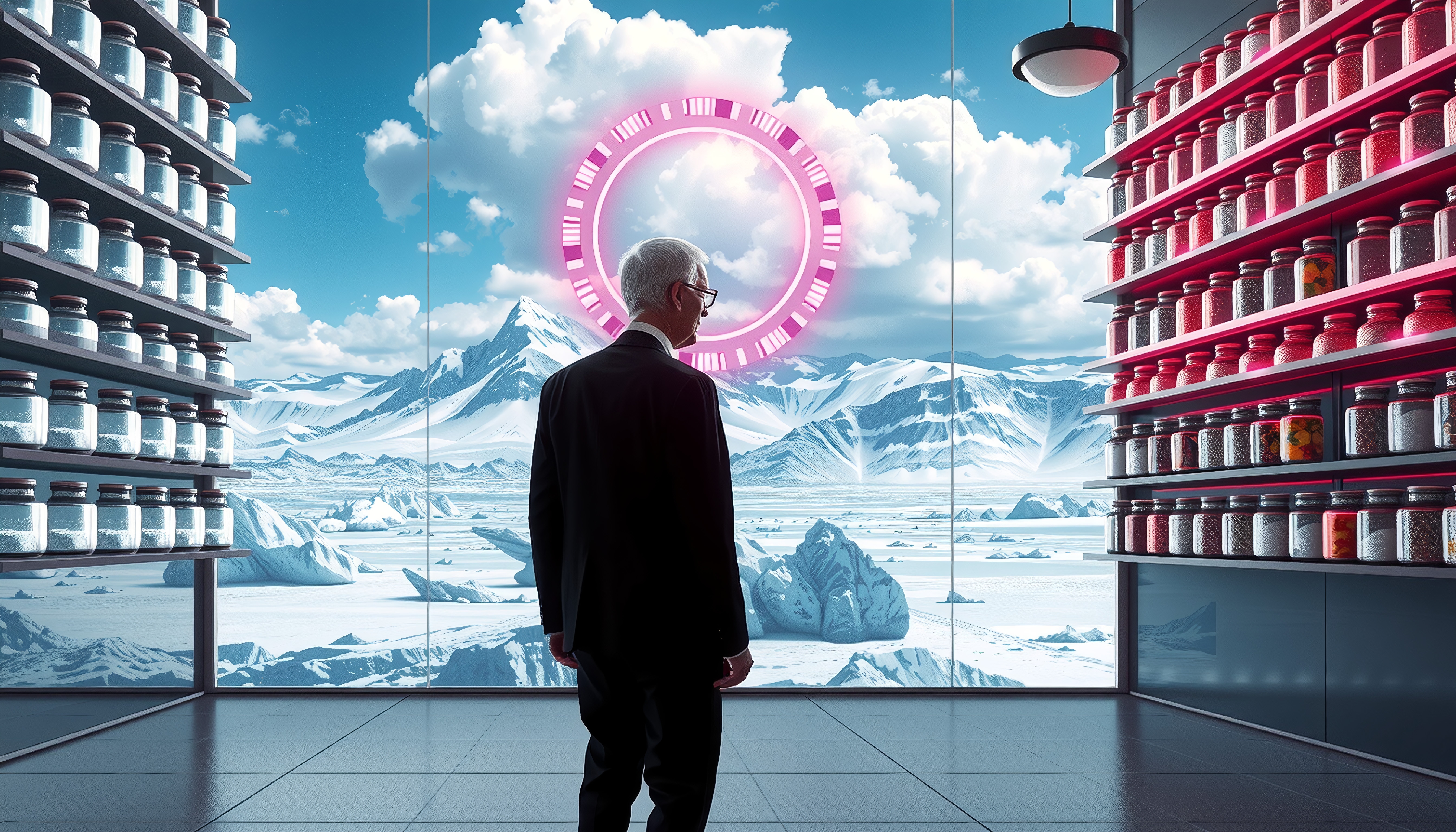 Man viewing icy futuristic landscape through glass wall.
