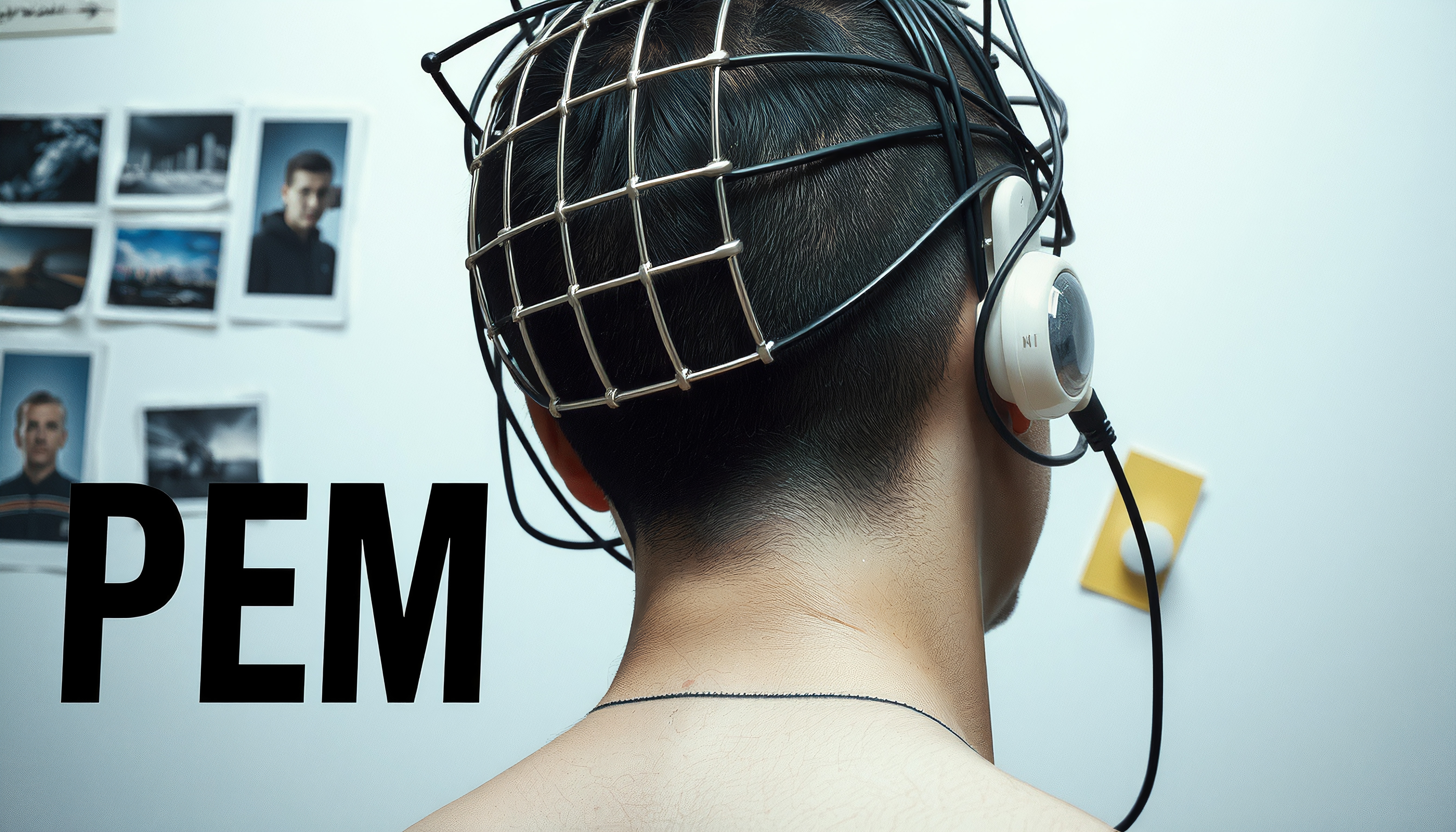 A person wearing a wireframe helmet with headphones stands before a wall of photographs marked PEM.