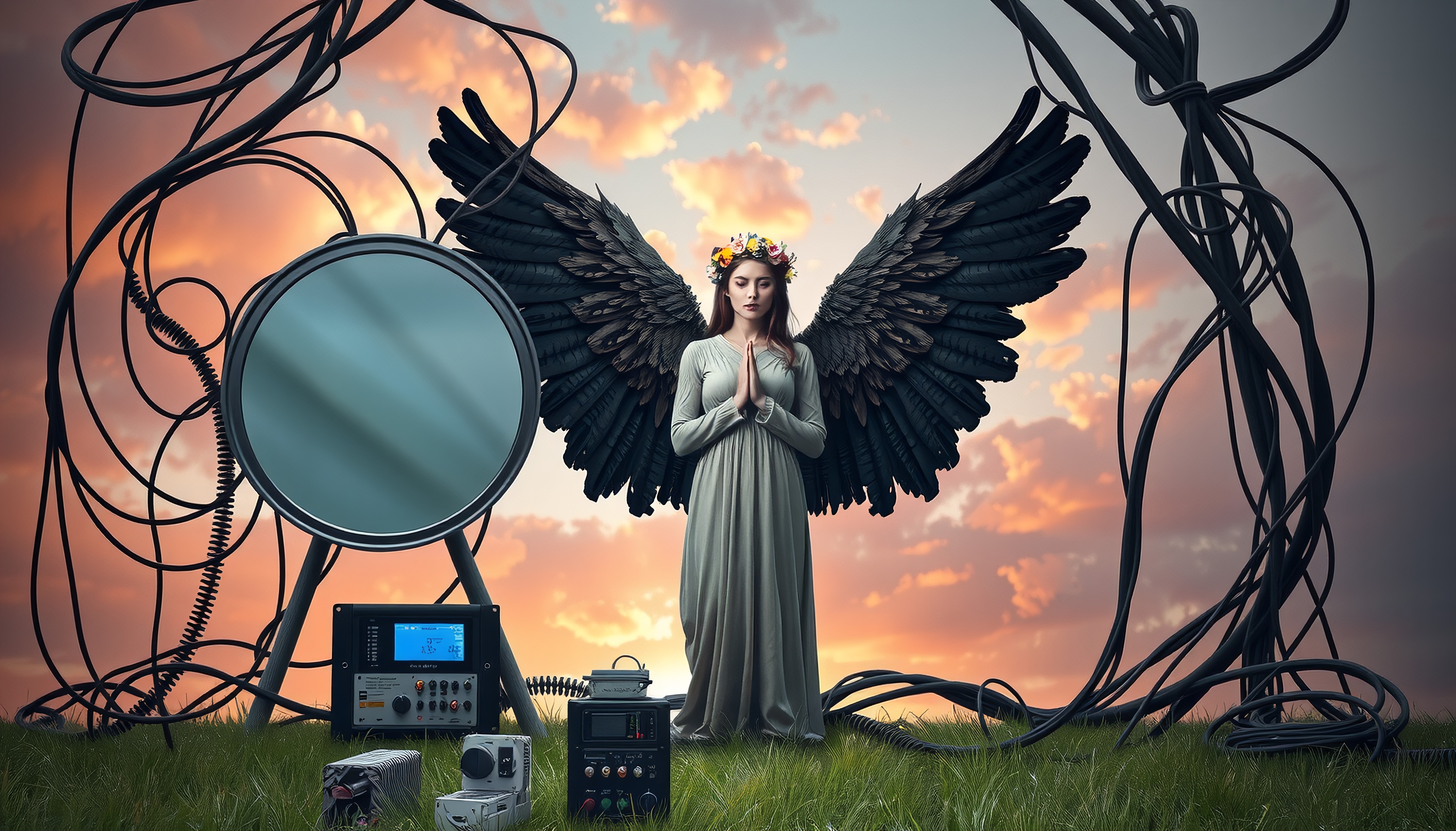 A woman with angel wings in a serene setting integrates nature and technology, with a sunset sky and electronic equipment around her.