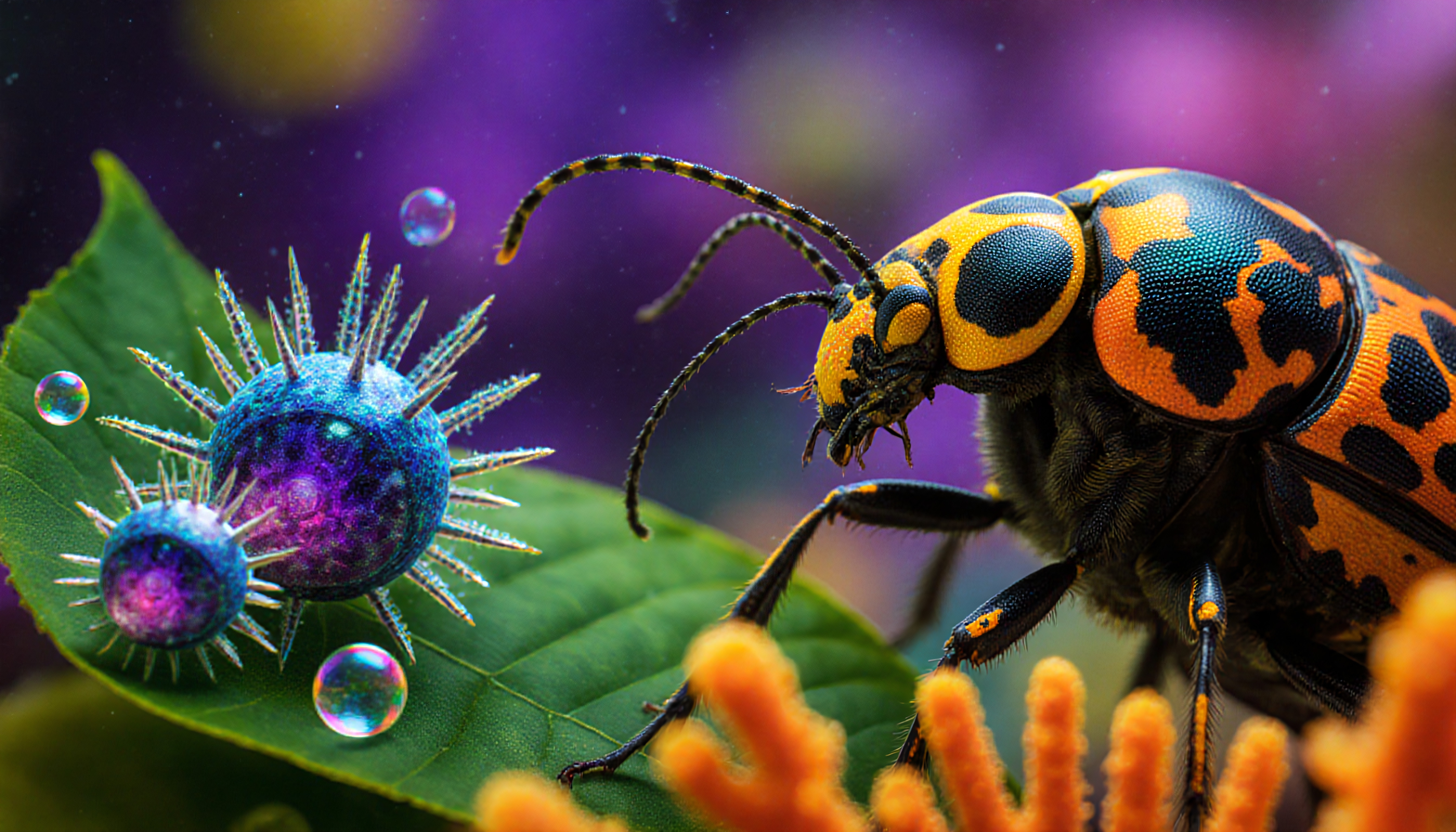 Macro shot of a colorful beetle on a green leaf surrounded by exotic, glowing alien spheres in a vivid otherworldly setting.
