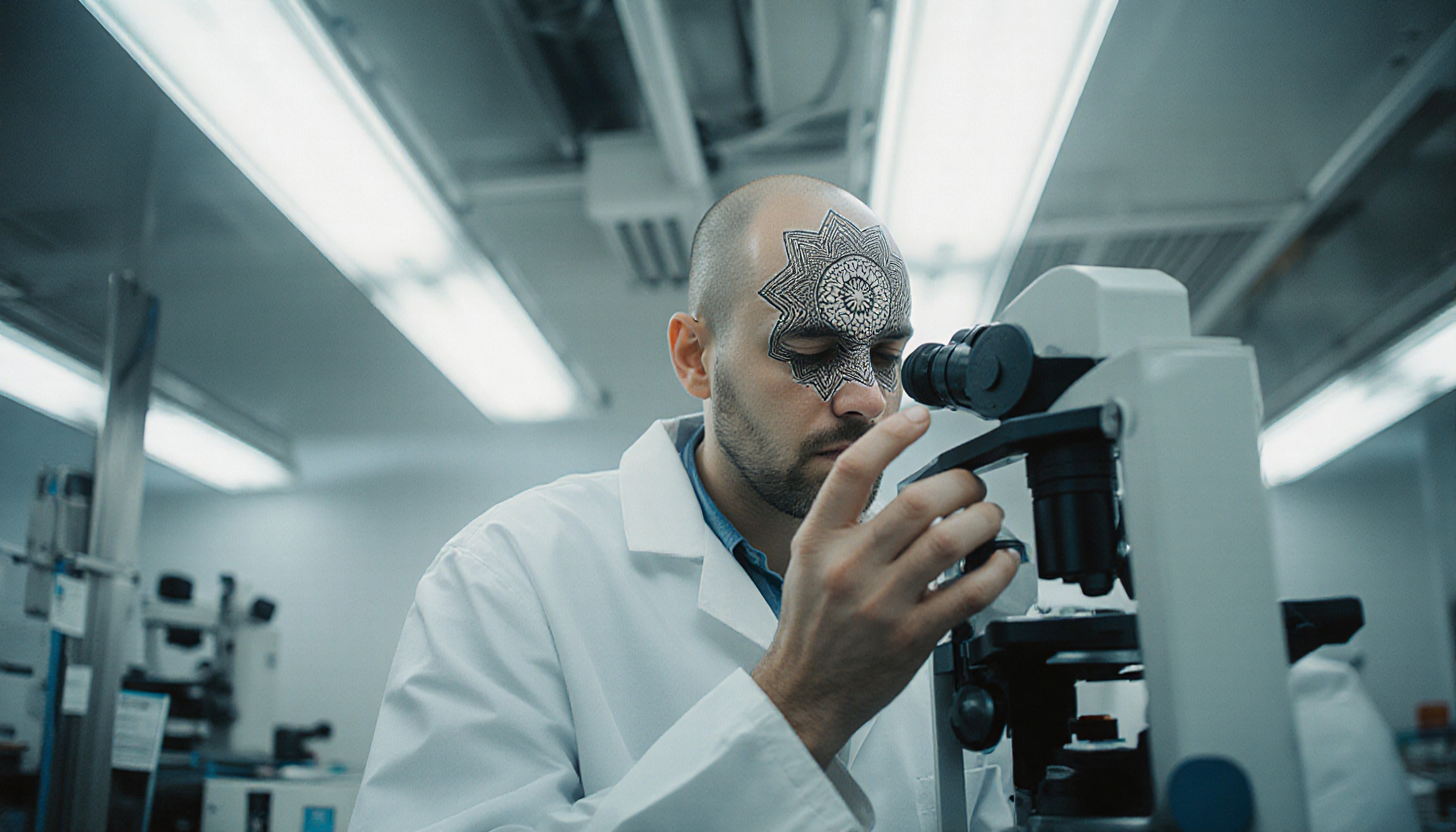 Scientist with geometric face tattoo using a microscope in a modern laboratory.
