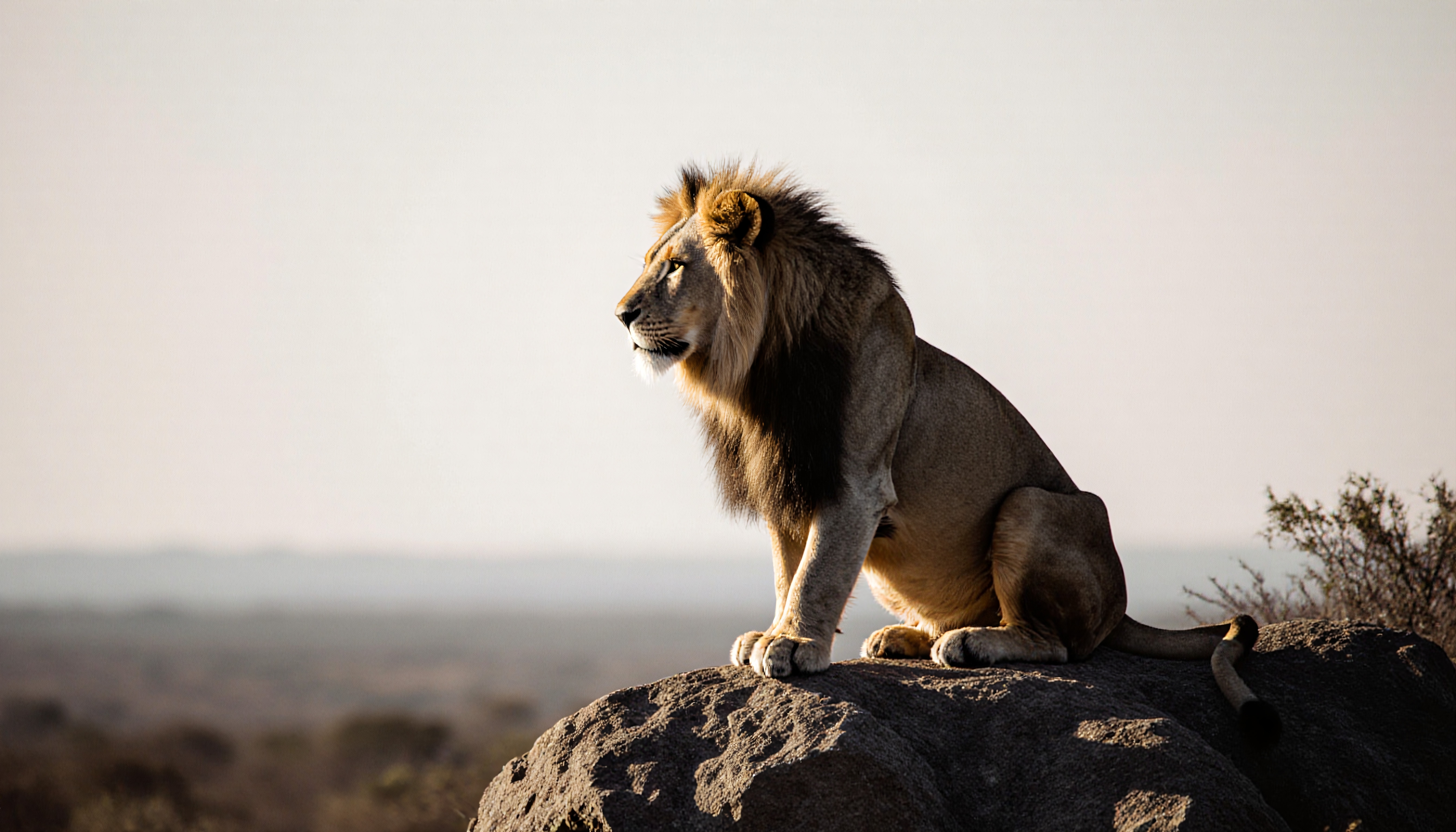 Majestic lion perched on rock surveying African savannah.