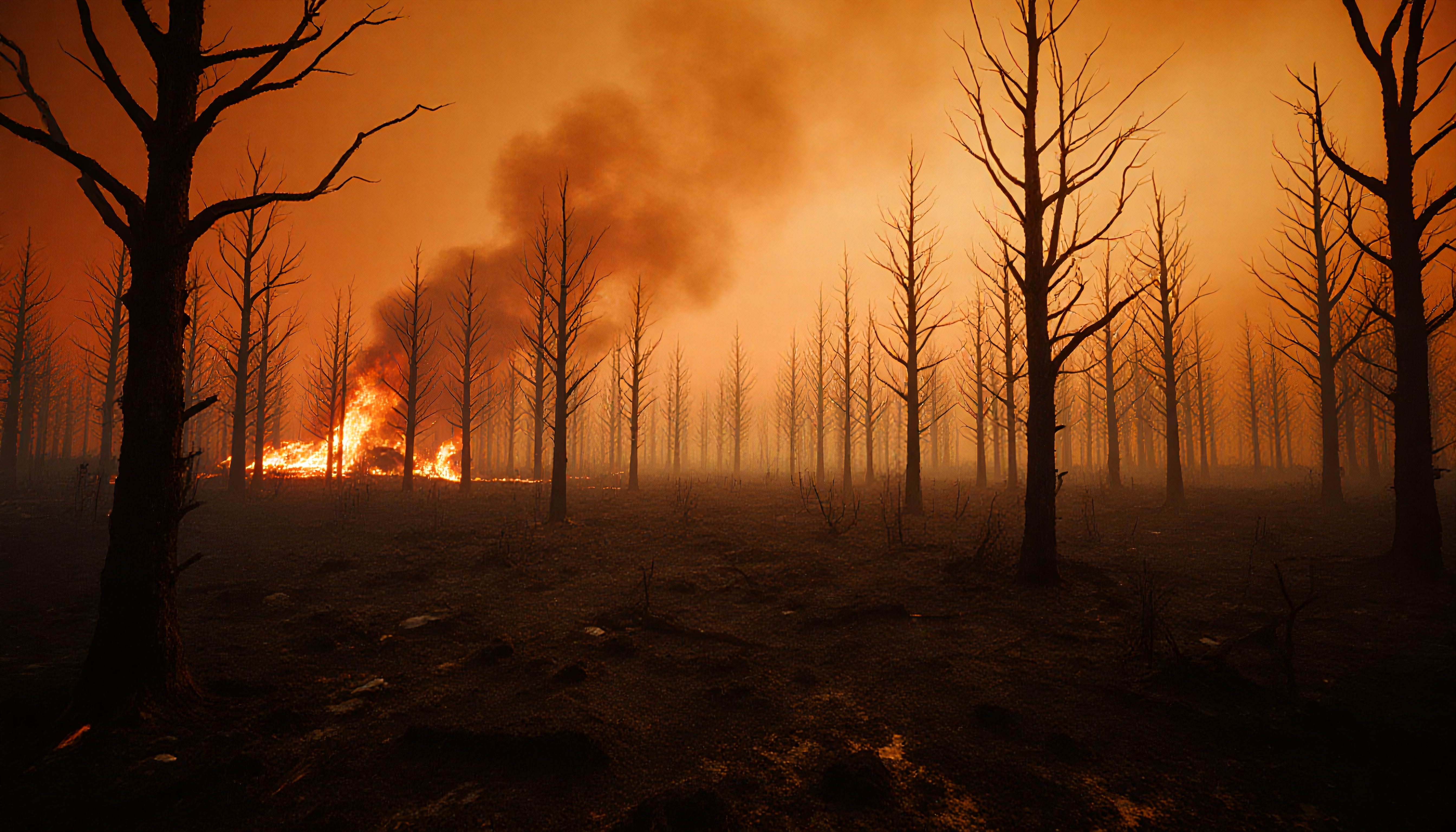 Wildfire engulfs forest, bare trees silhouetted against orange sky.