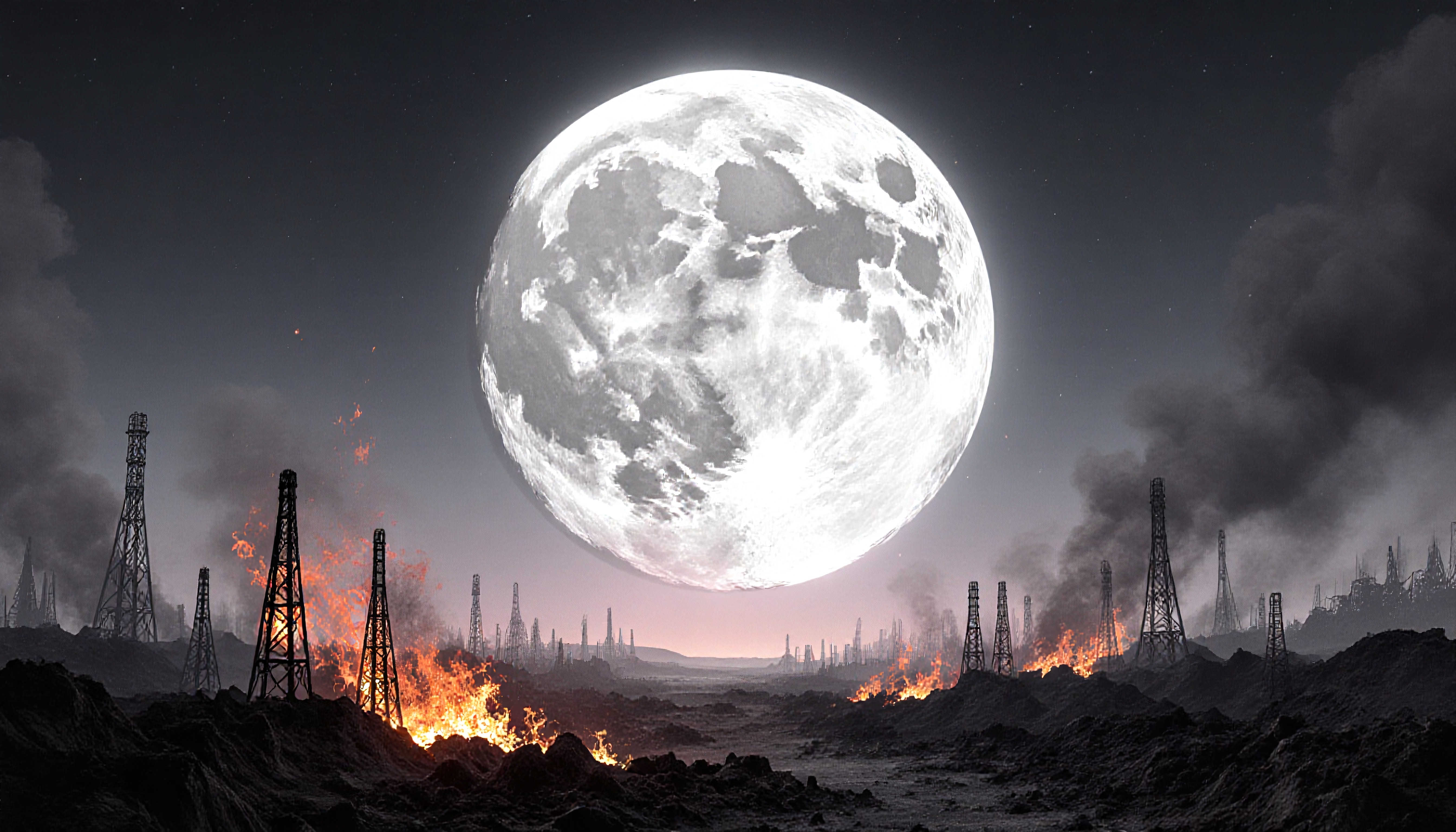 A massive full moon illuminates a dark, apocalyptic landscape with burning oil rigs and rising smoke.