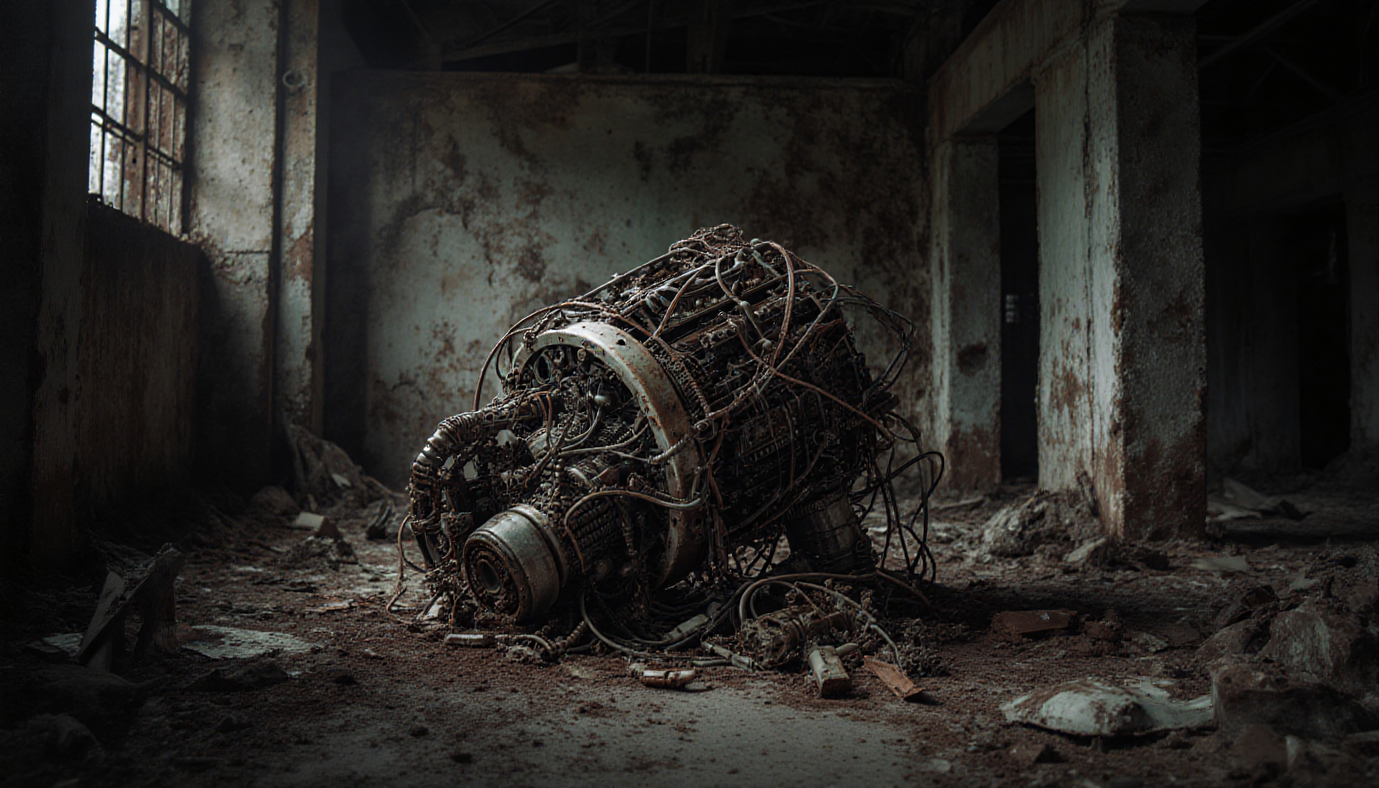 Abandoned Factory Engine Covered In Rust And Wires Inside Decayed Industrial Building