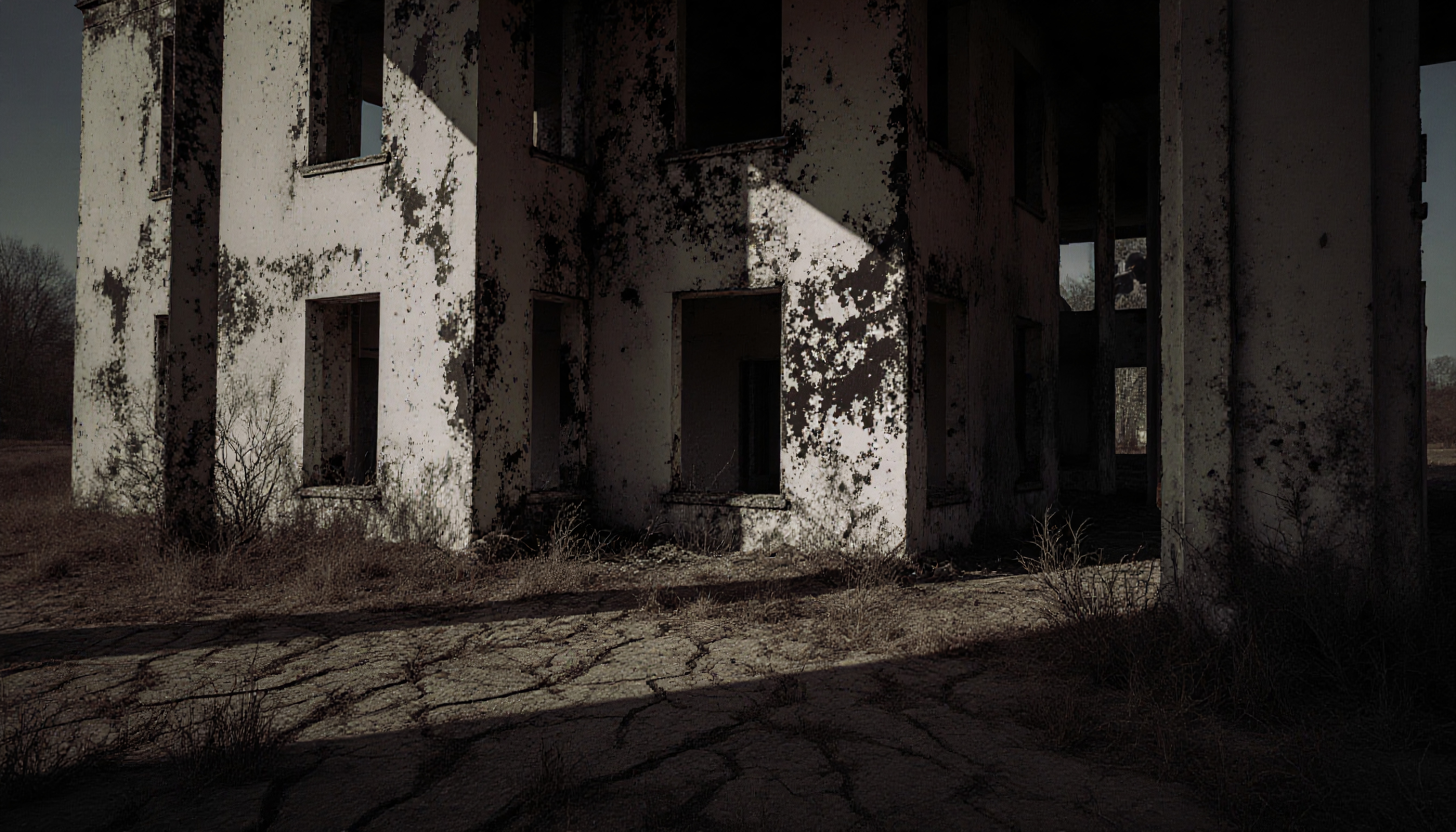 Abandoned building with cracked walls and barren landscape under dim lighting.