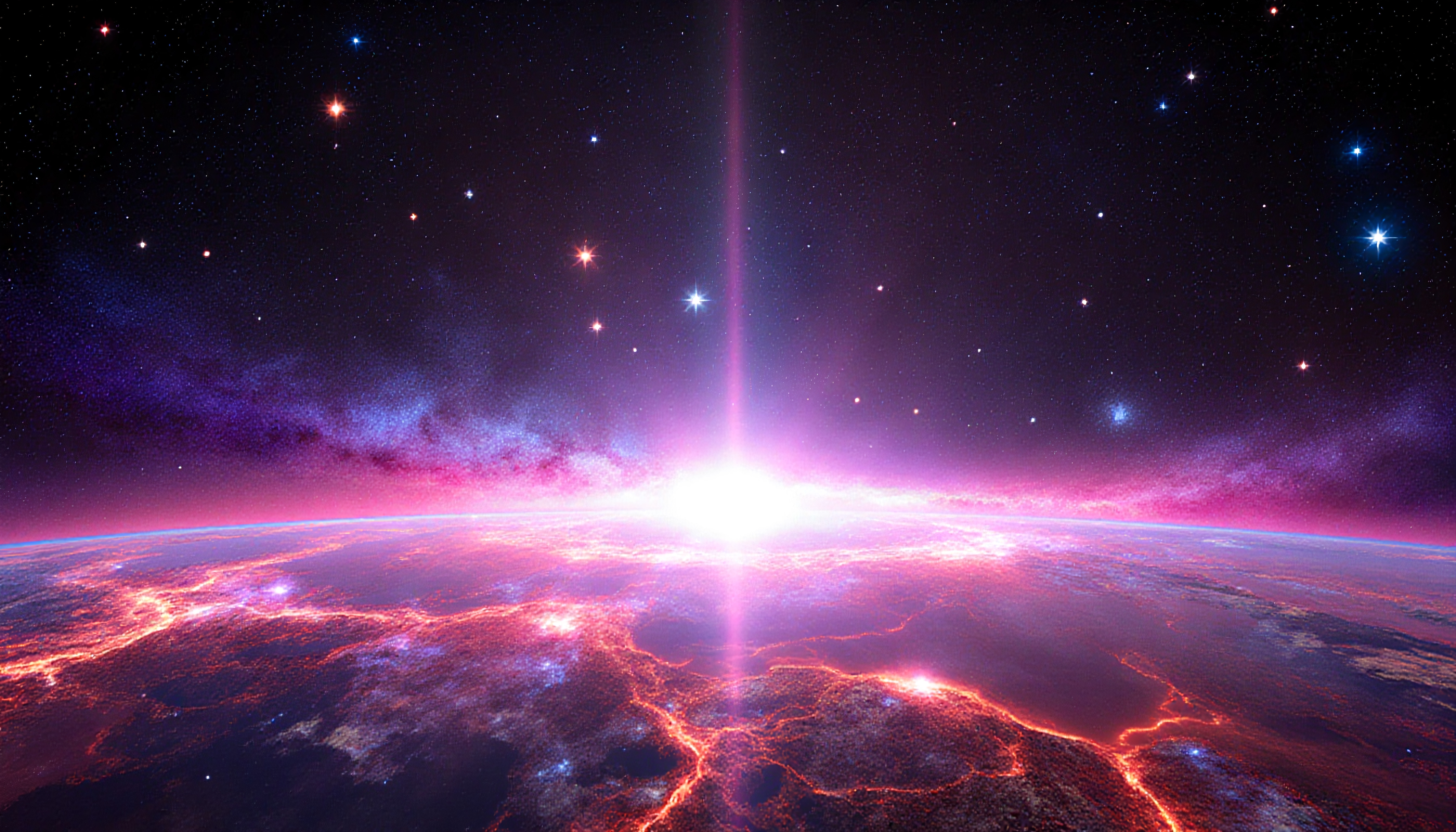 Dawn breaking over alien planet with stars and nebula.