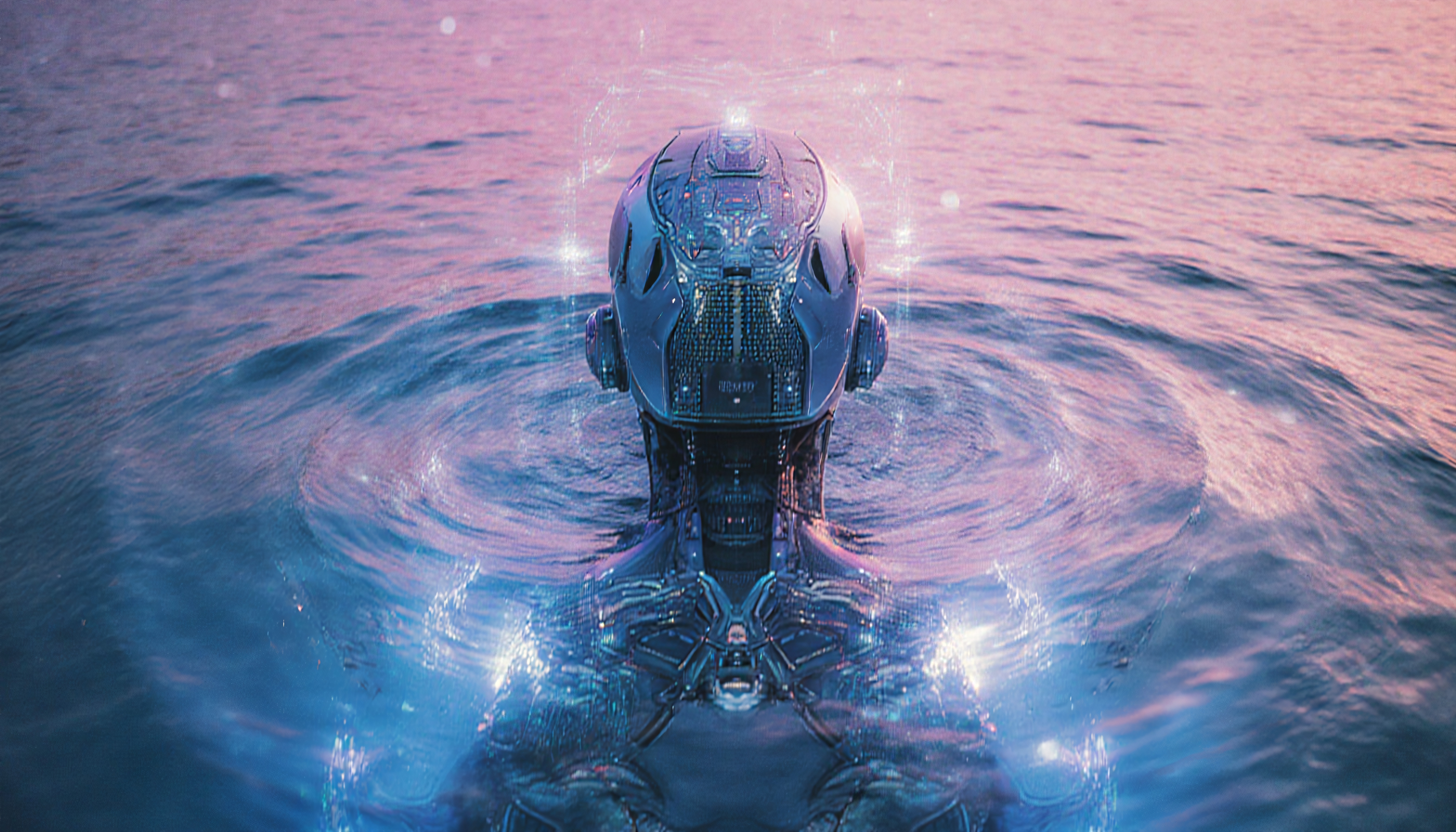A futuristic cyborg stands in calm waters at sunset, emitting a serene technological aura.