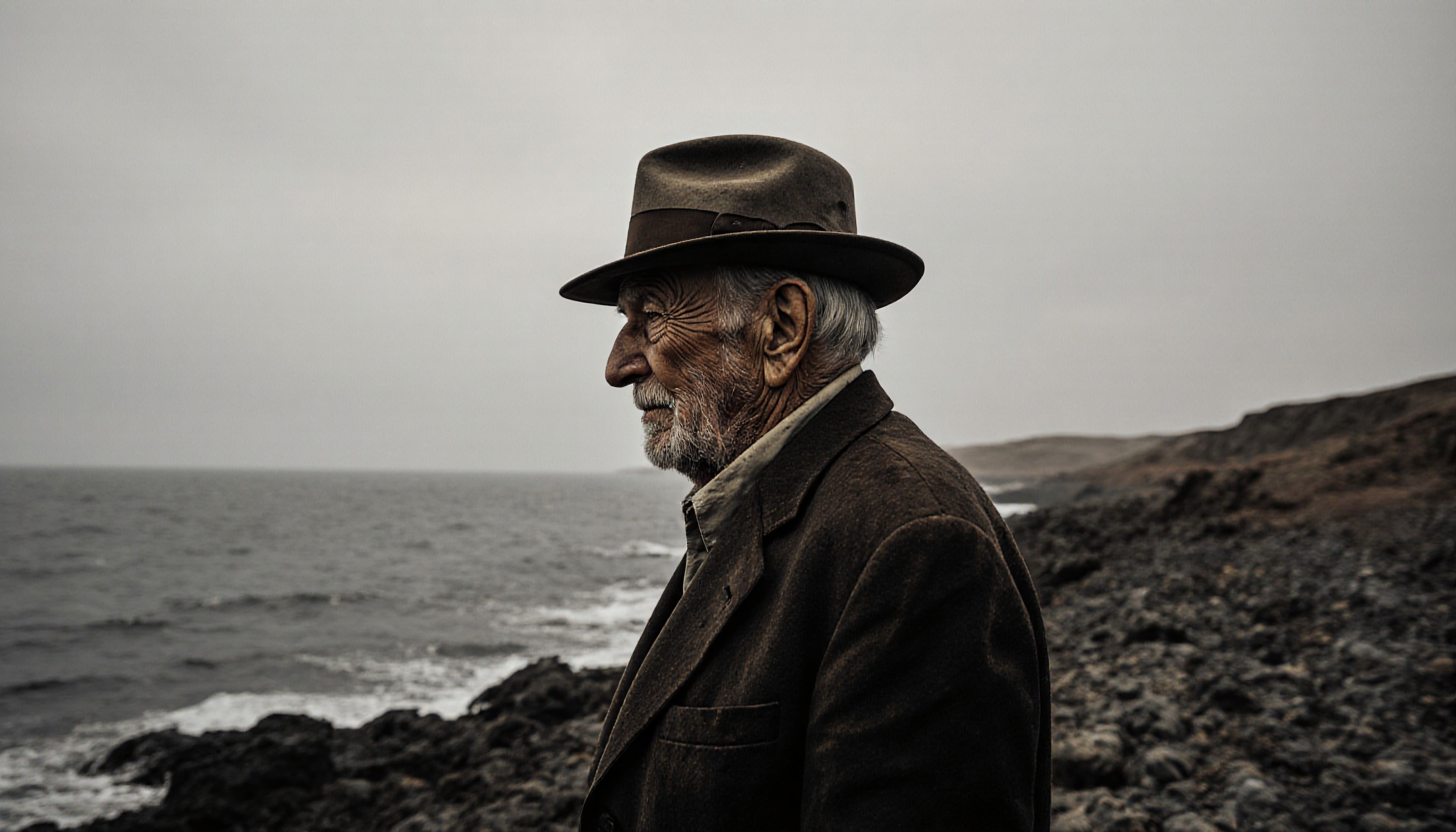 Elderly man in hat by rocky coast, introspective.