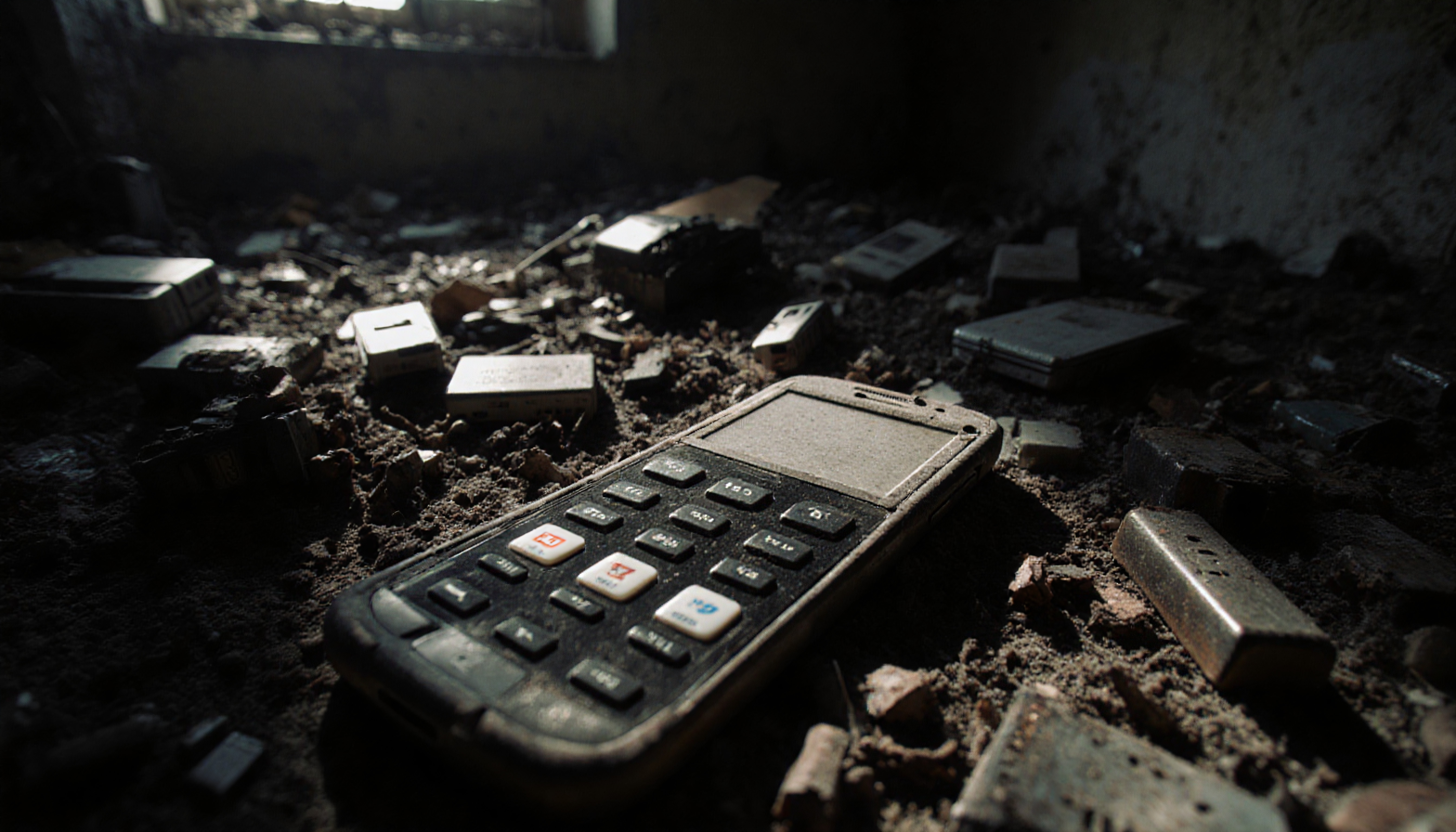 A dusty old phone amidst scattered electronic debris in an abandoned setting, conveying themes of obsolescence and neglect.