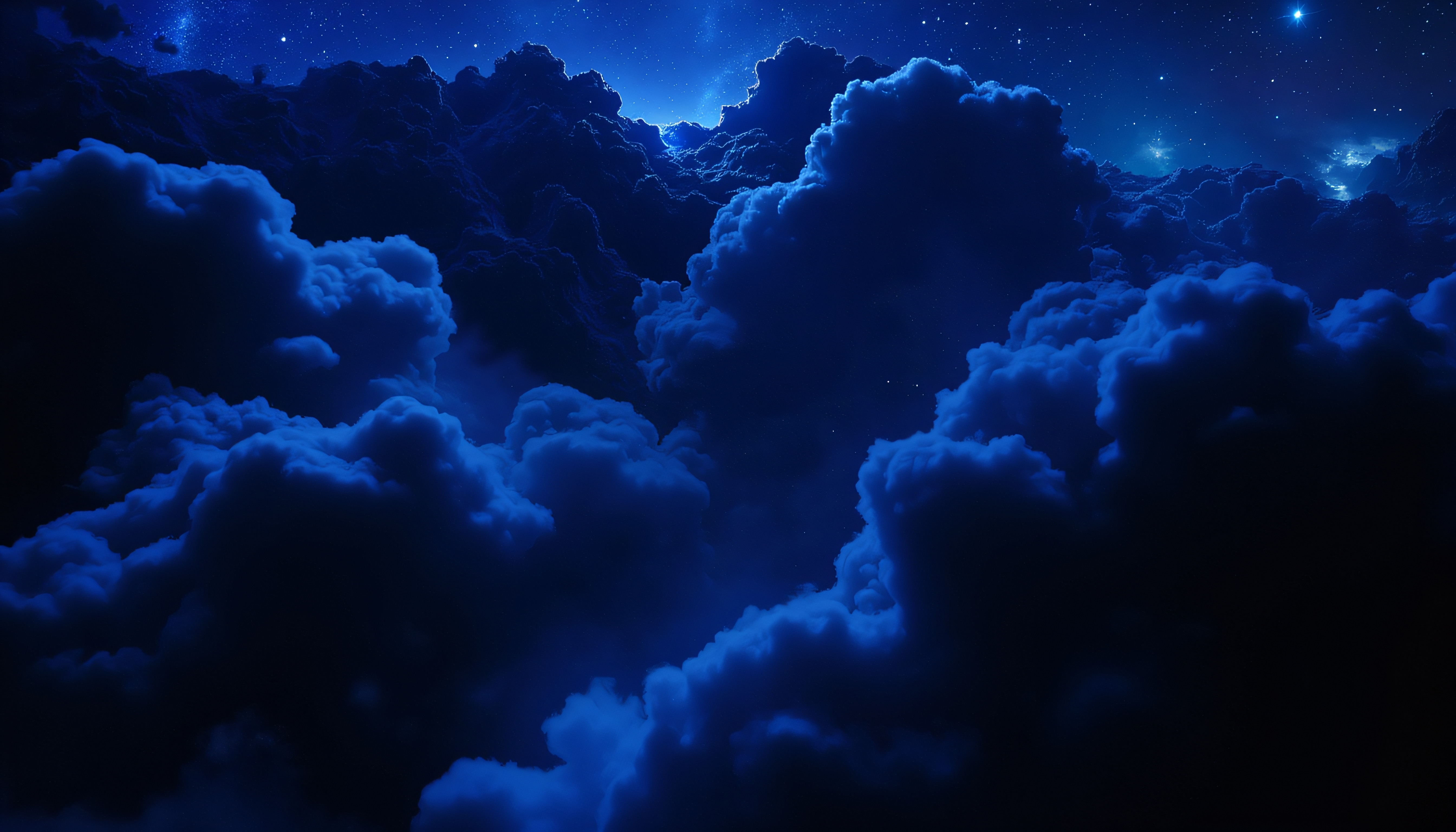 A stunning nighttime scene of dramatic, deep blue clouds illuminated by stars.