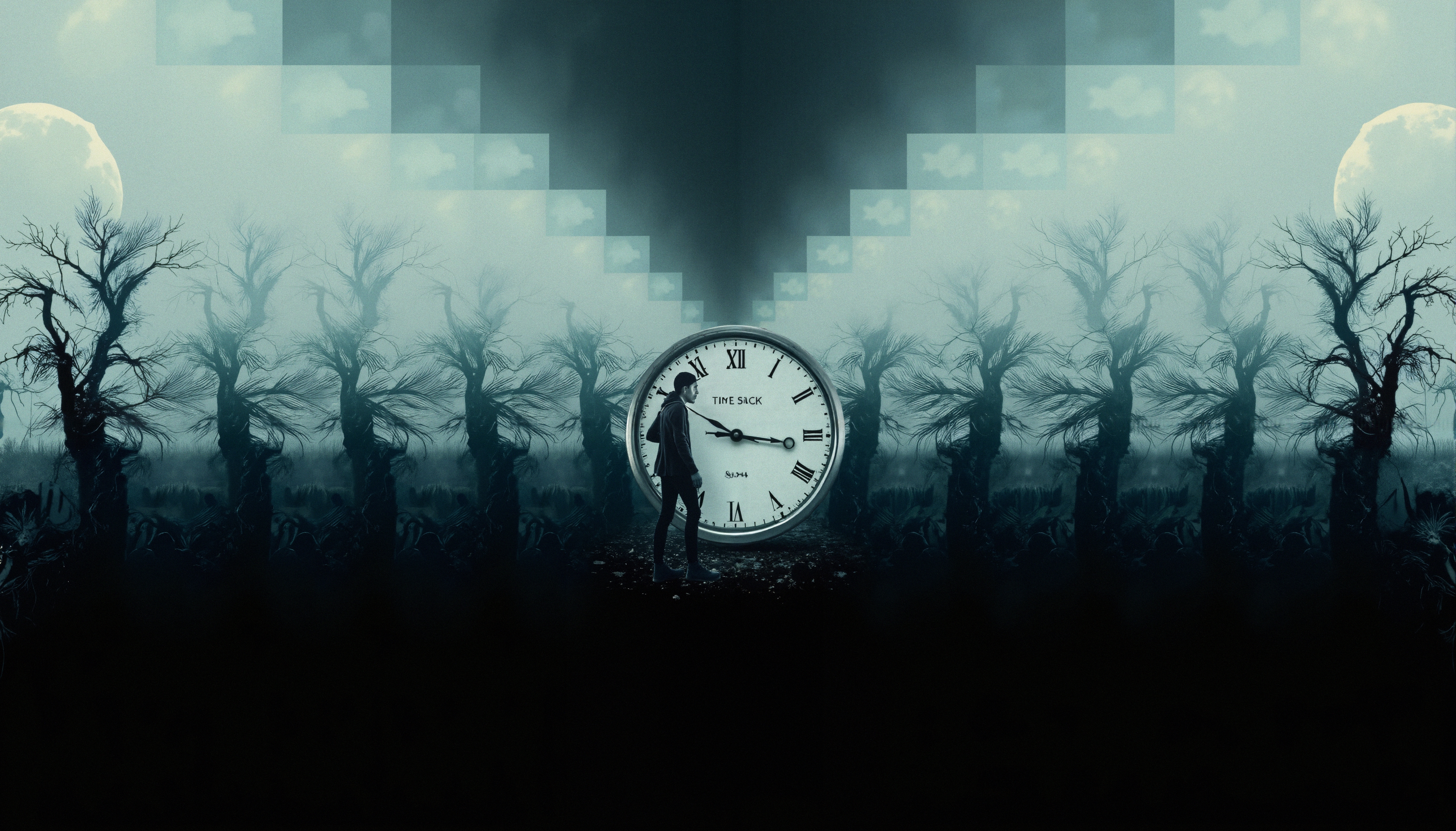 Surreal scene with a giant clock, eerie trees, and a mysterious figure under a moonlit sky.