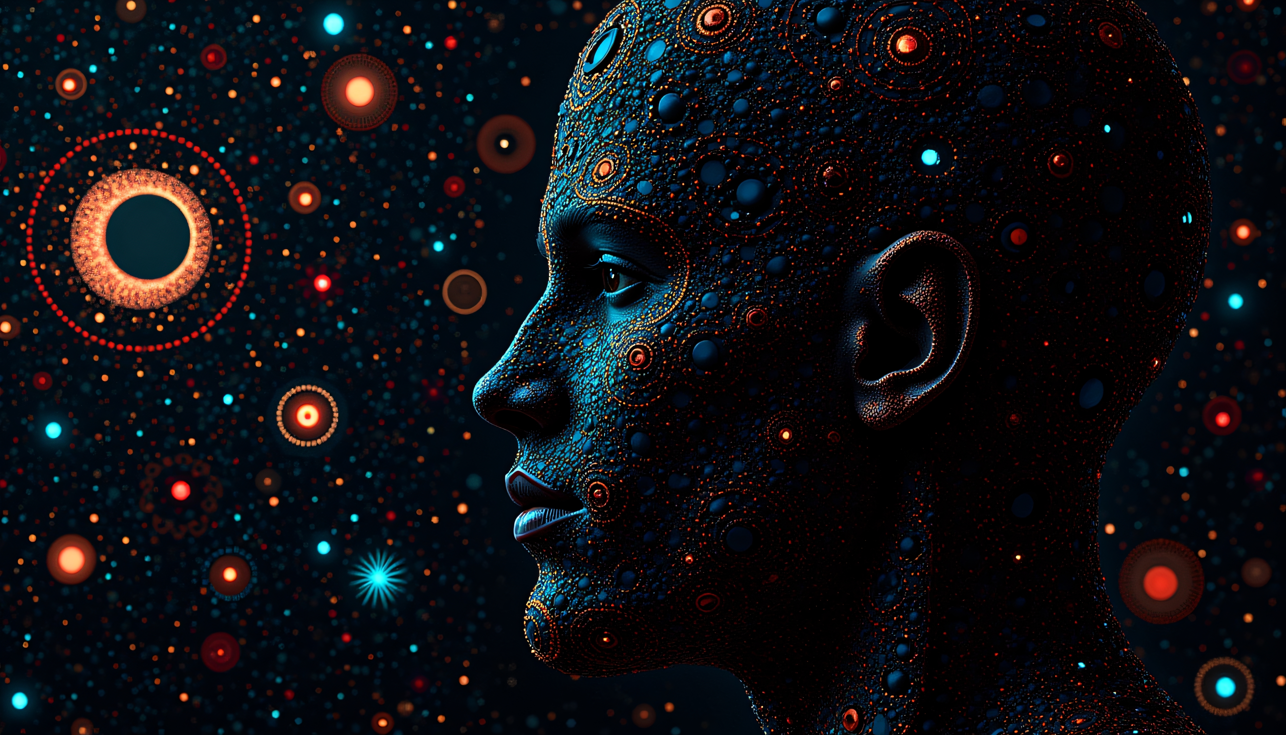 Surreal depiction of cosmic human profile merging with universe.