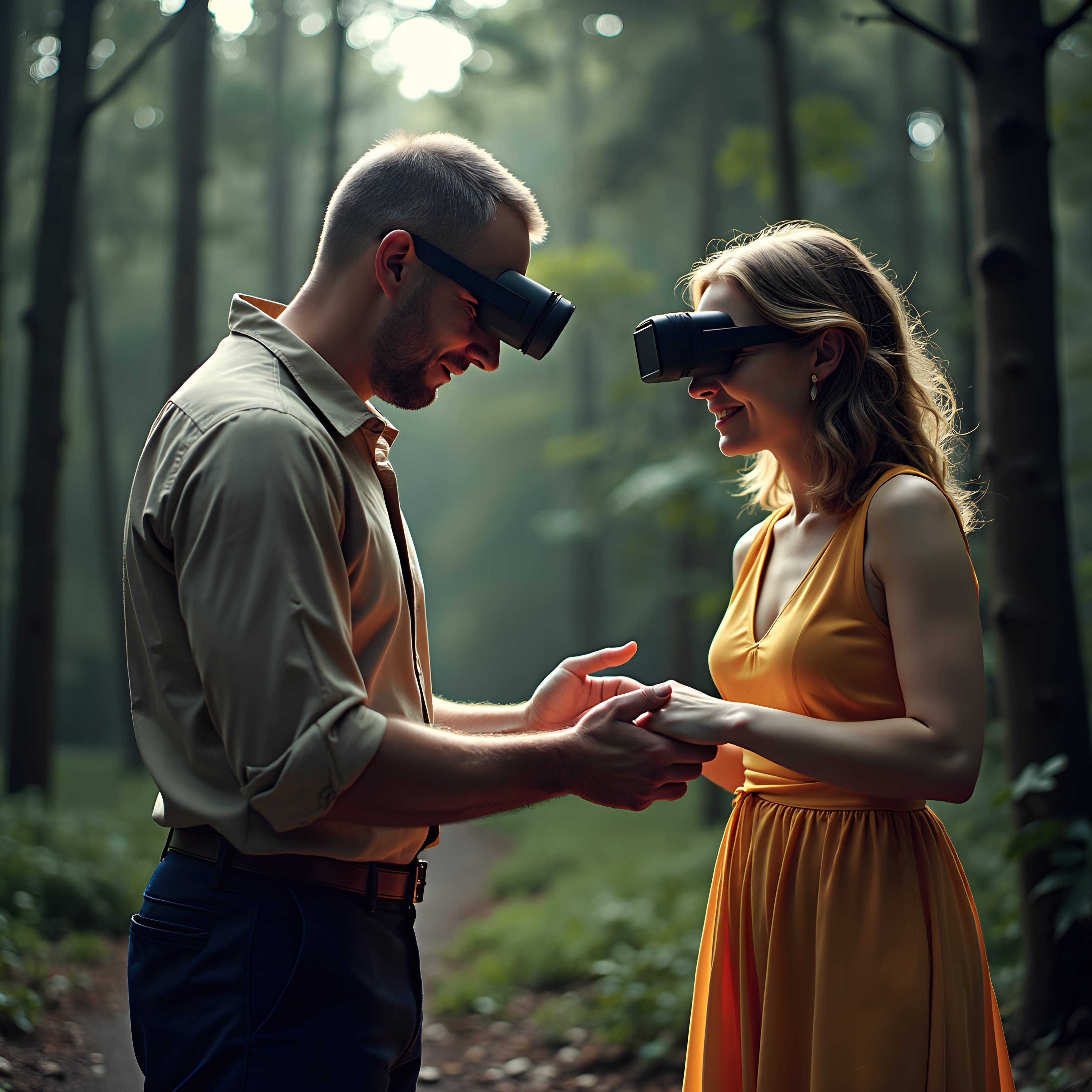 A couple wearing VR headsets in a serene forest, holding hands and smiling, blending technology with nature.