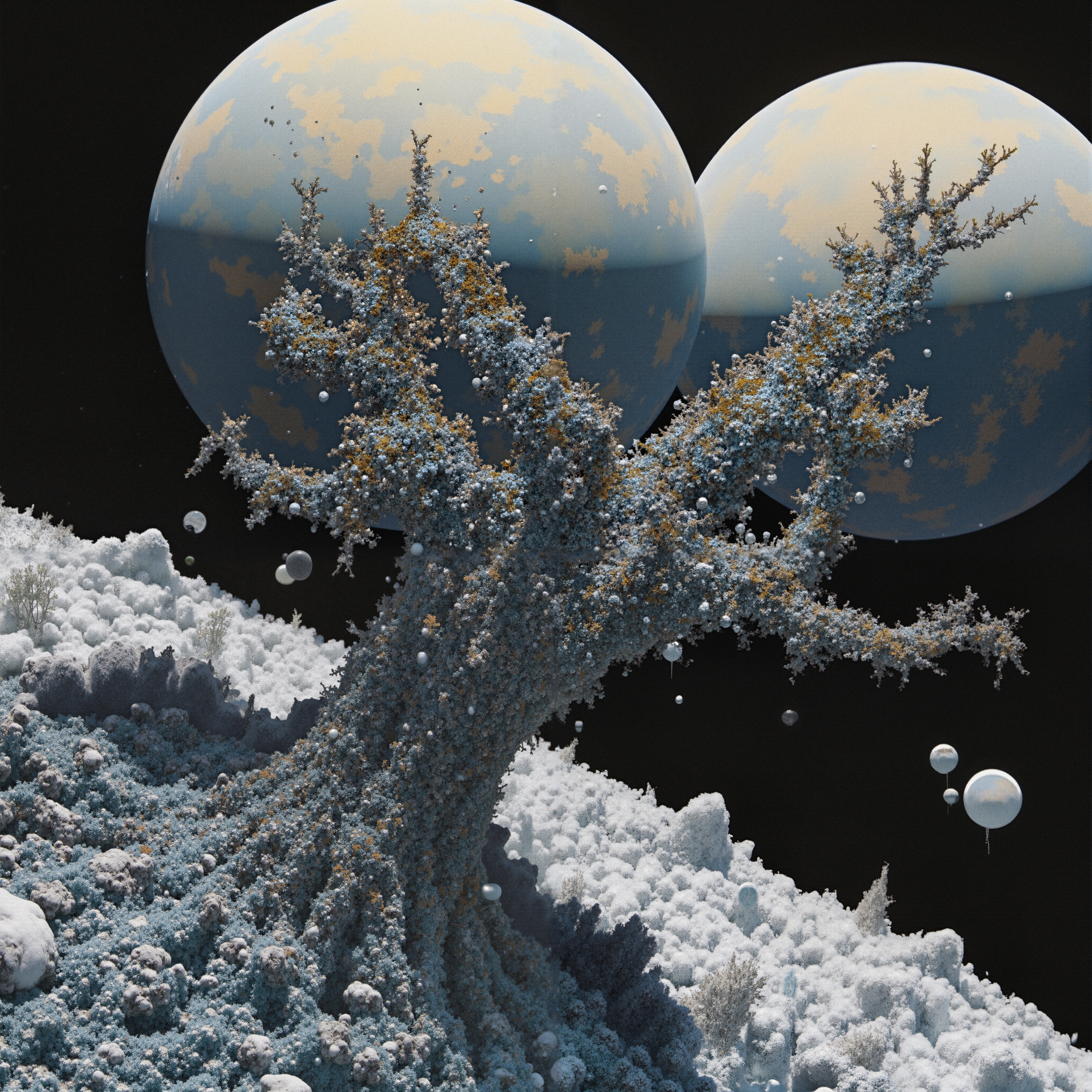 Surrealistic landscape featuring a gnarled tree with two large planets and floating spheres against a black sky.