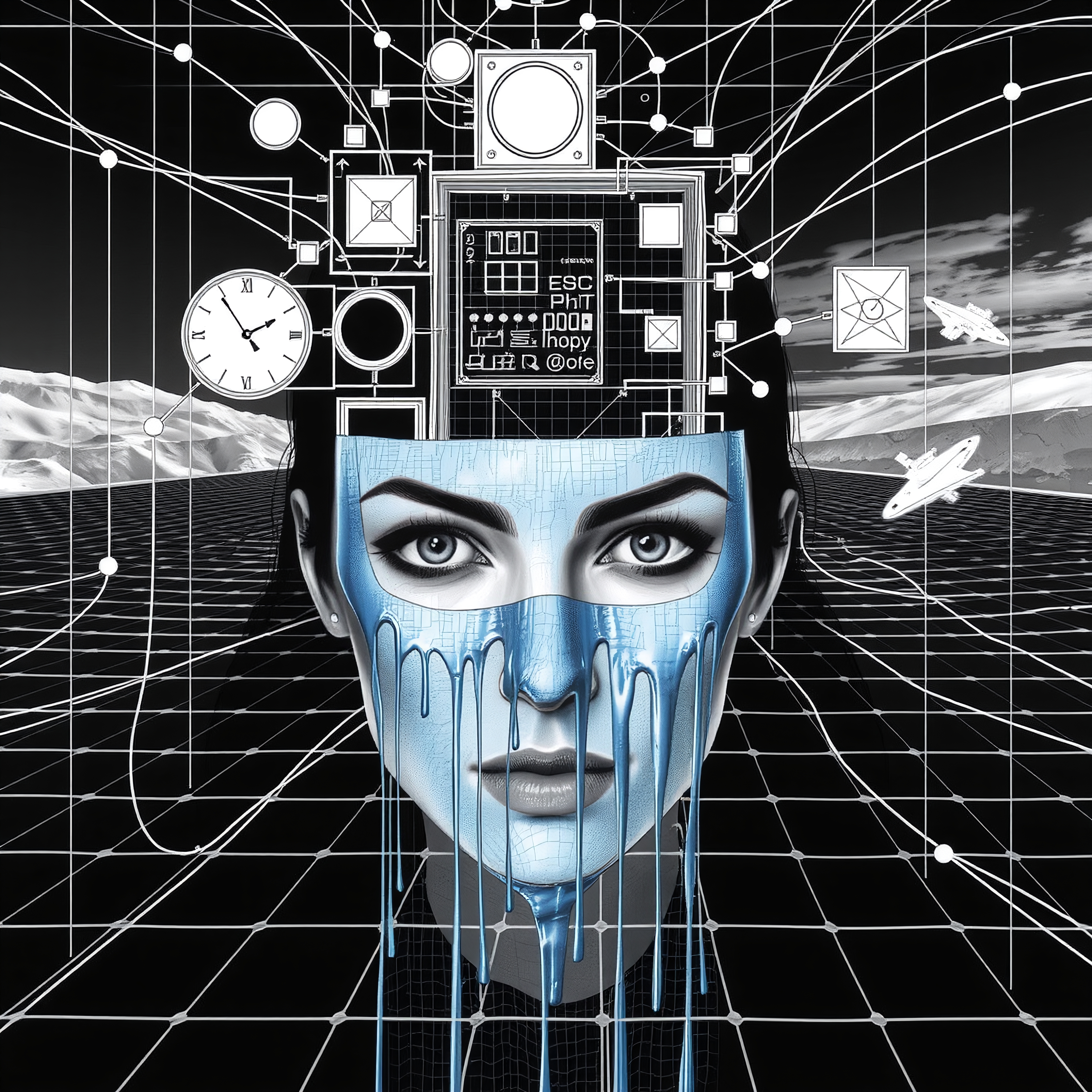Surreal futuristic face with blue paint and digital elements.