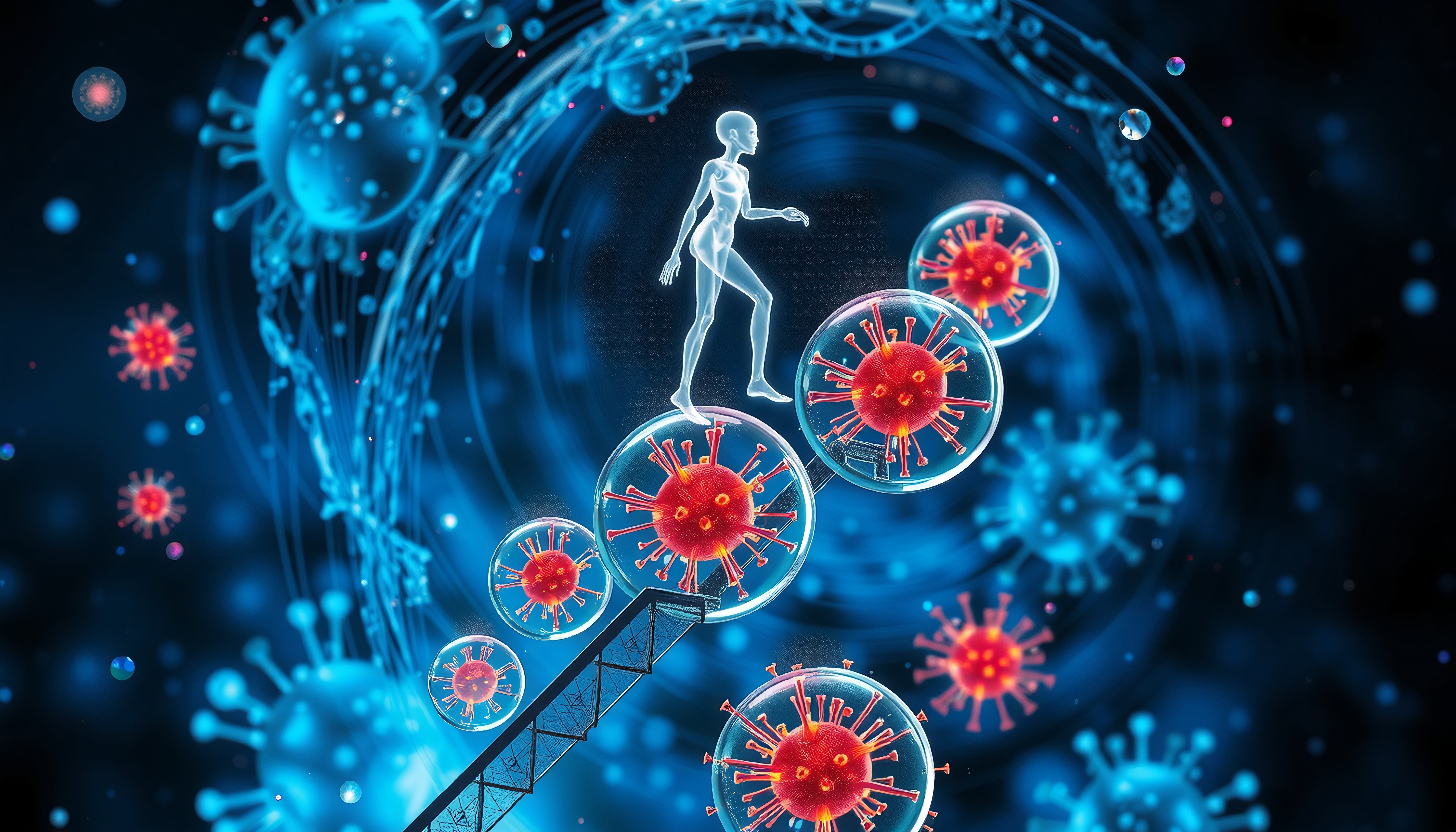 A human figure walks on virus cells, symbolizing evolution and overcoming biological challenges in a surreal digital setting.