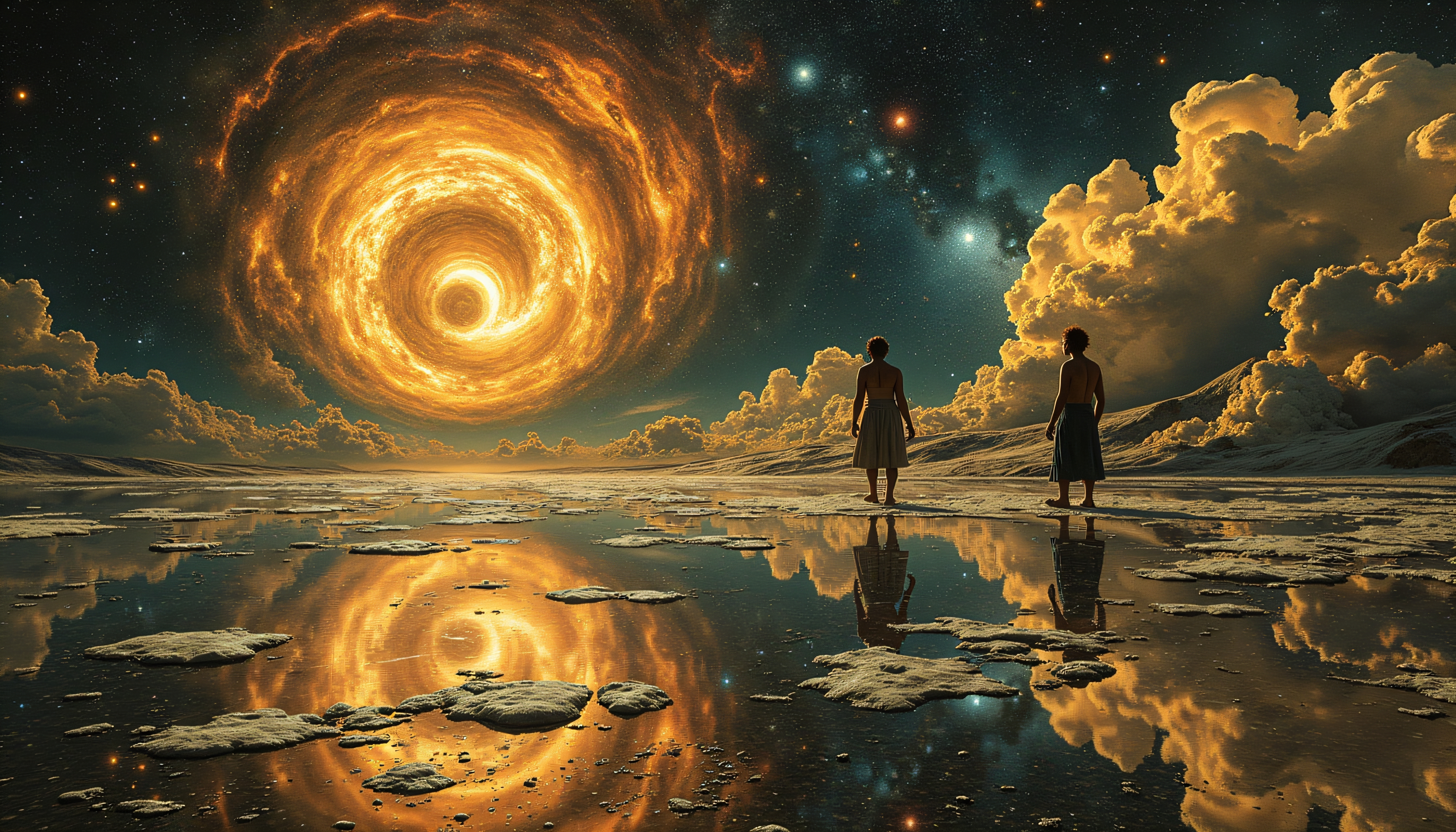 Two figures under a swirling cosmic vortex with reflections in water.