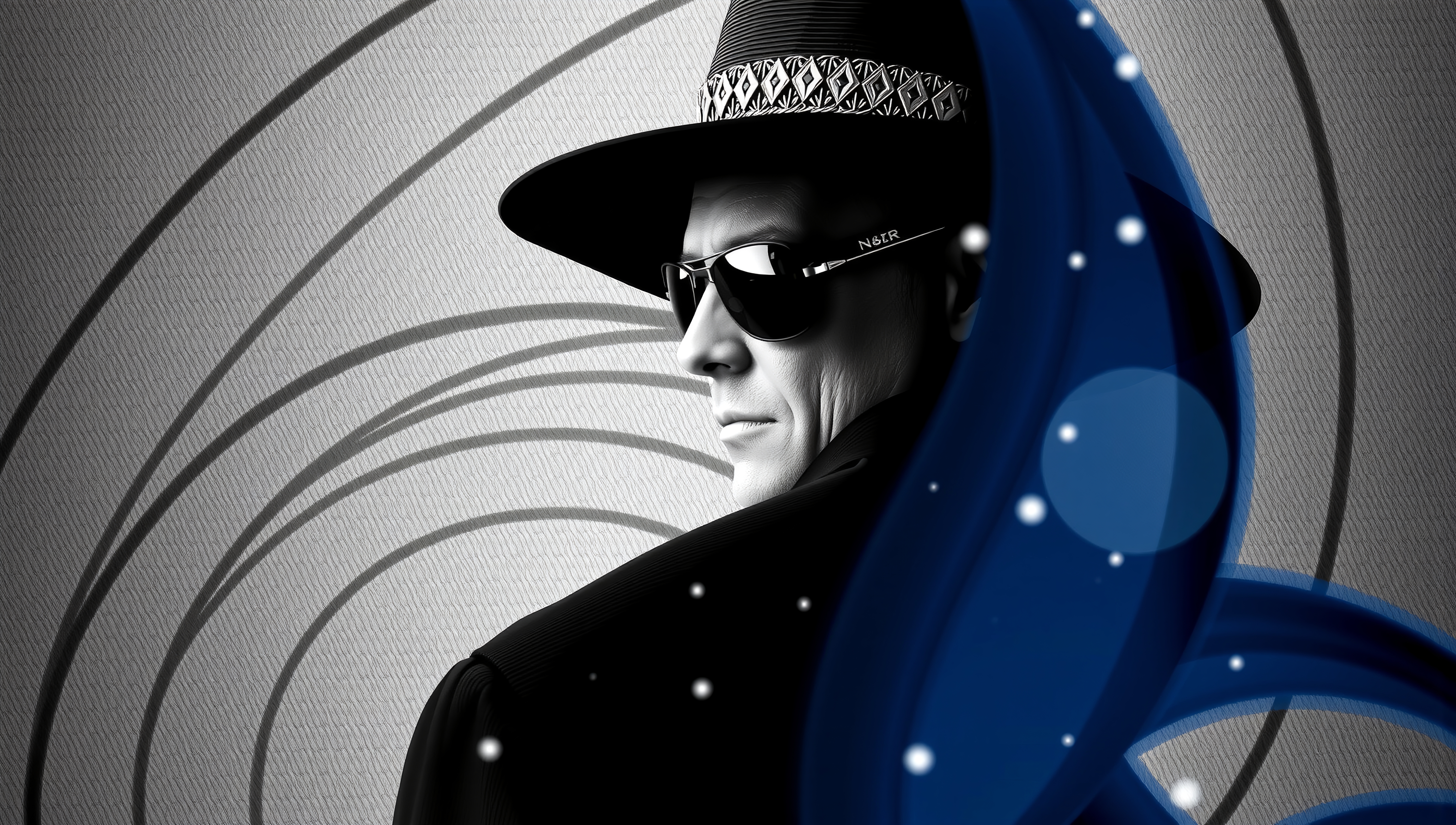 Mysterious noir character with hat and sunglasses, surrounded by blue abstract elements against a monochrome spiral backdrop.