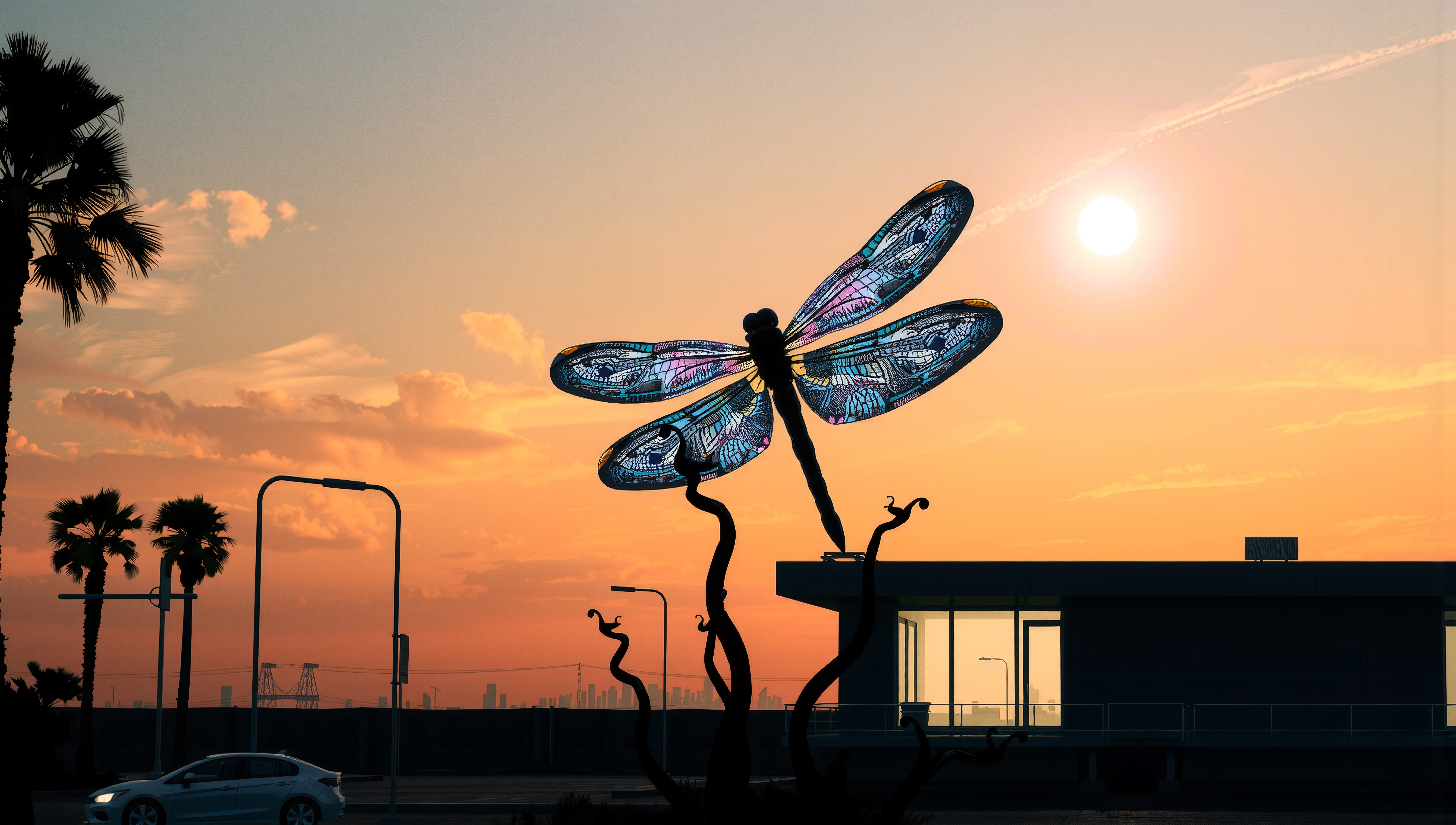 A giant dragonfly sculpture with vibrant wings stands silhouetted against a stunning orange sunset sky with palm trees and a modern building backdrop.