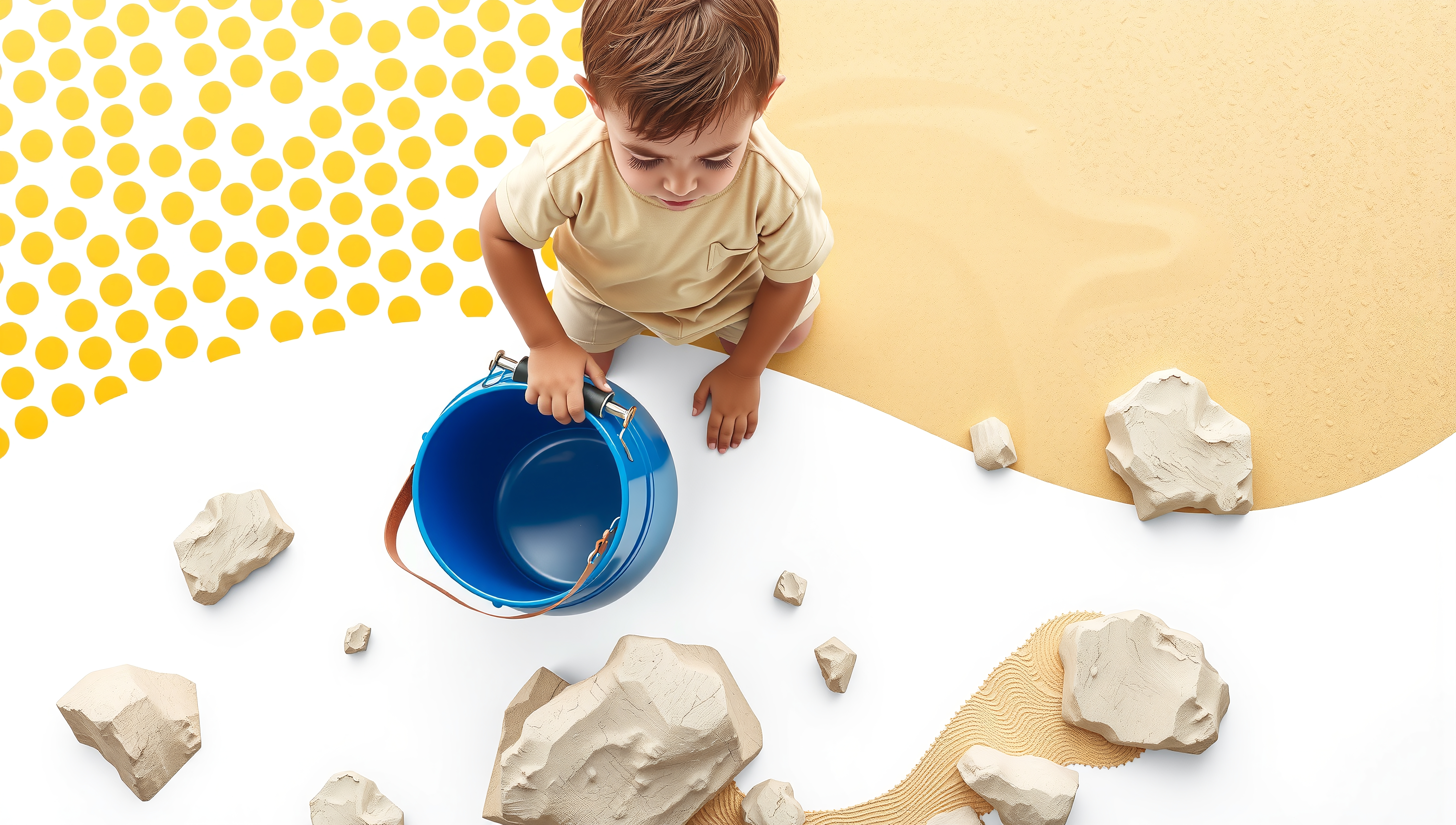 A young child holds a blue bucket surrounded by sand and rocks in an abstract setting.