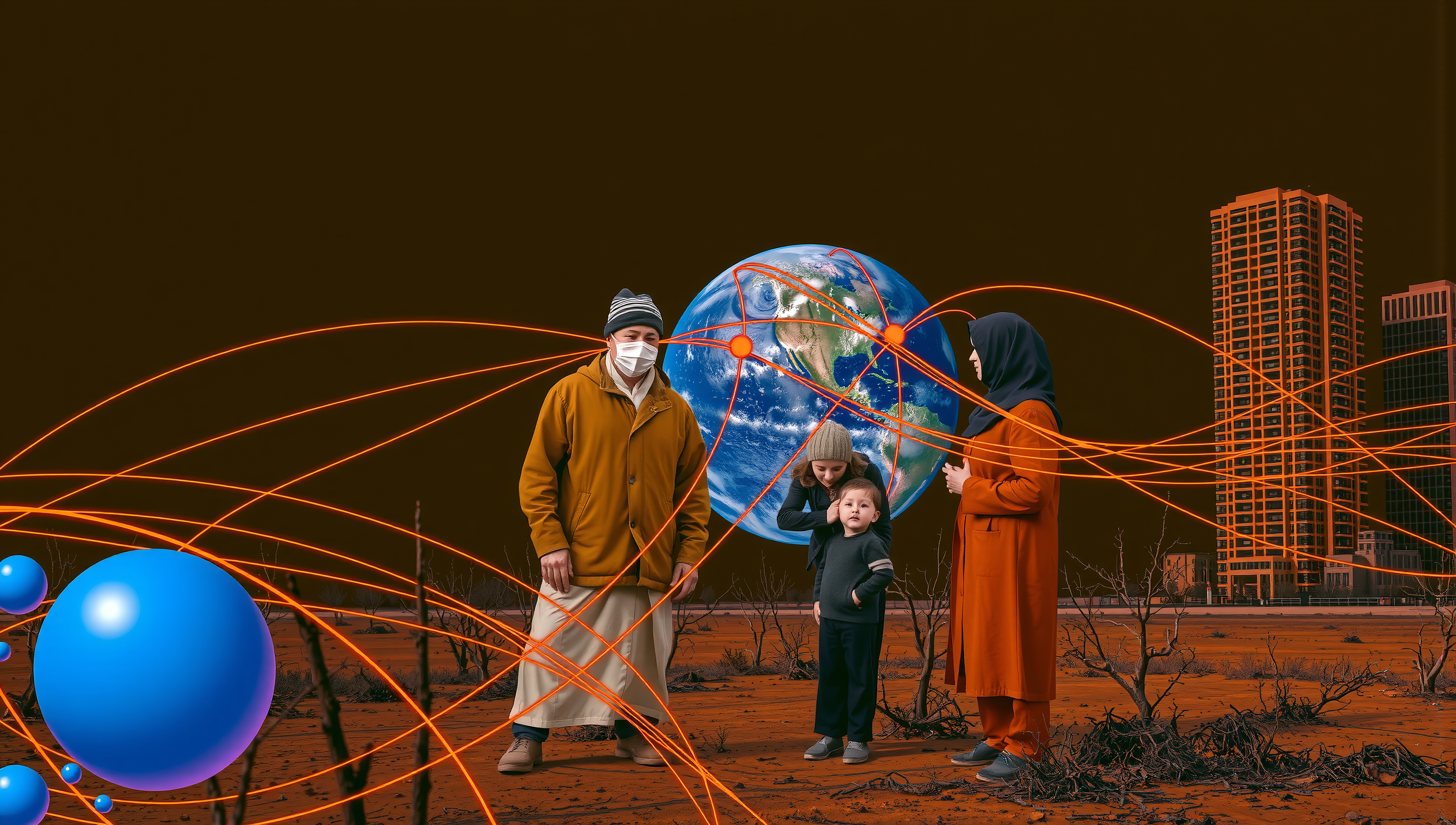 Surreal image of a family standing in a futuristic, barren landscape with a globe and communication lines.