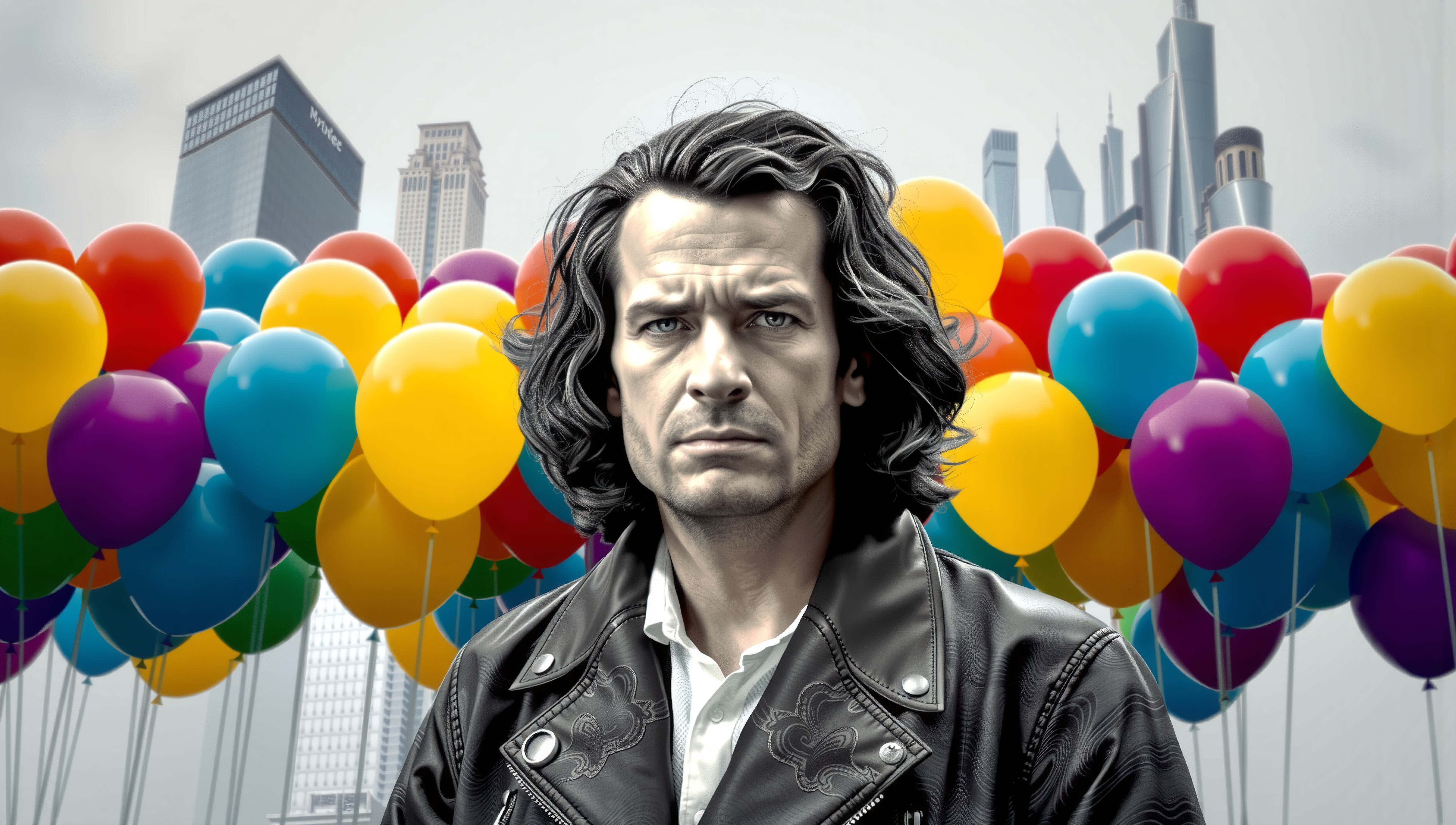A man in a leather jacket stands in front of colorful balloons and a city skyline.