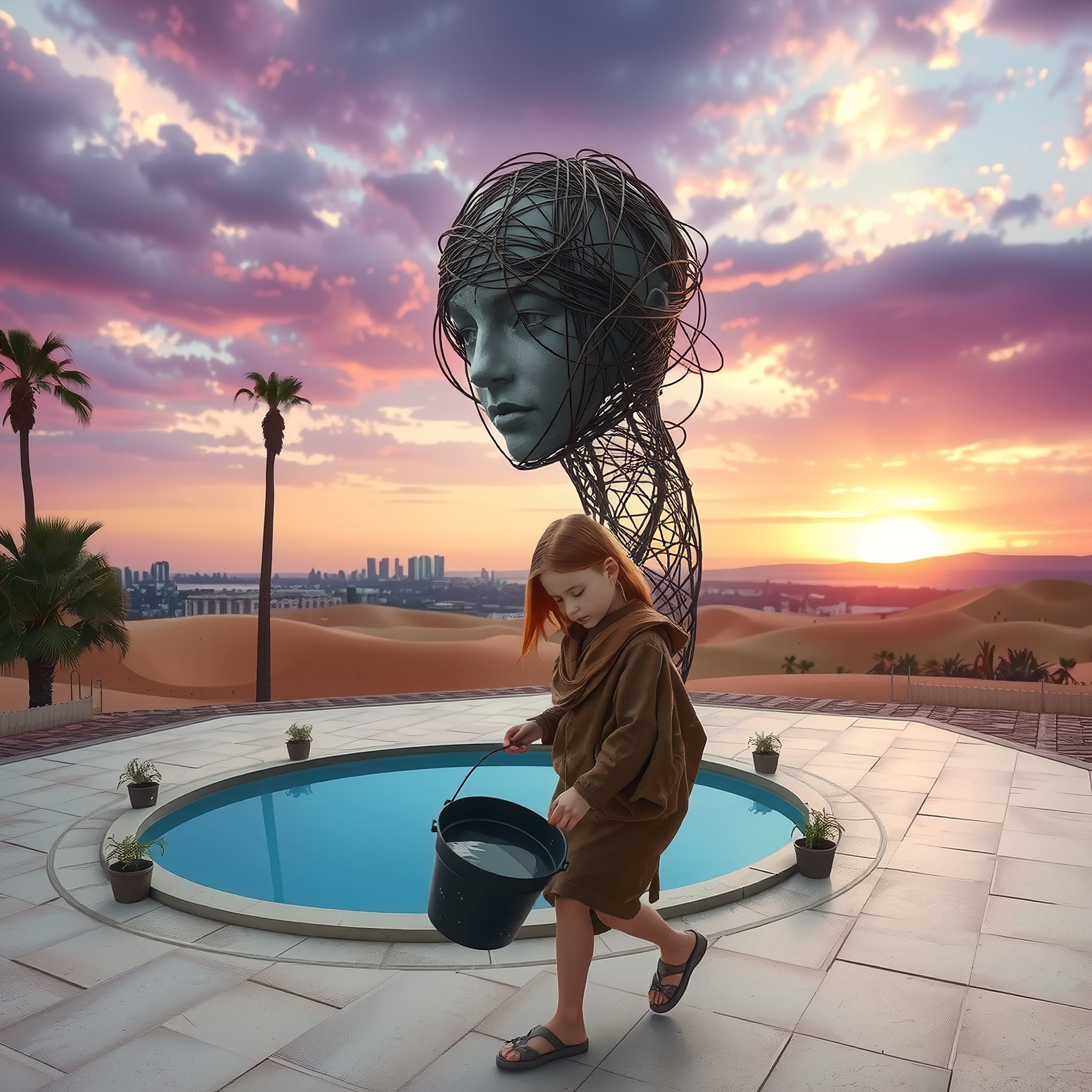 A young girl walks with a bucket past a pool under a vivid sunset sky, alongside a large wire sculpture.