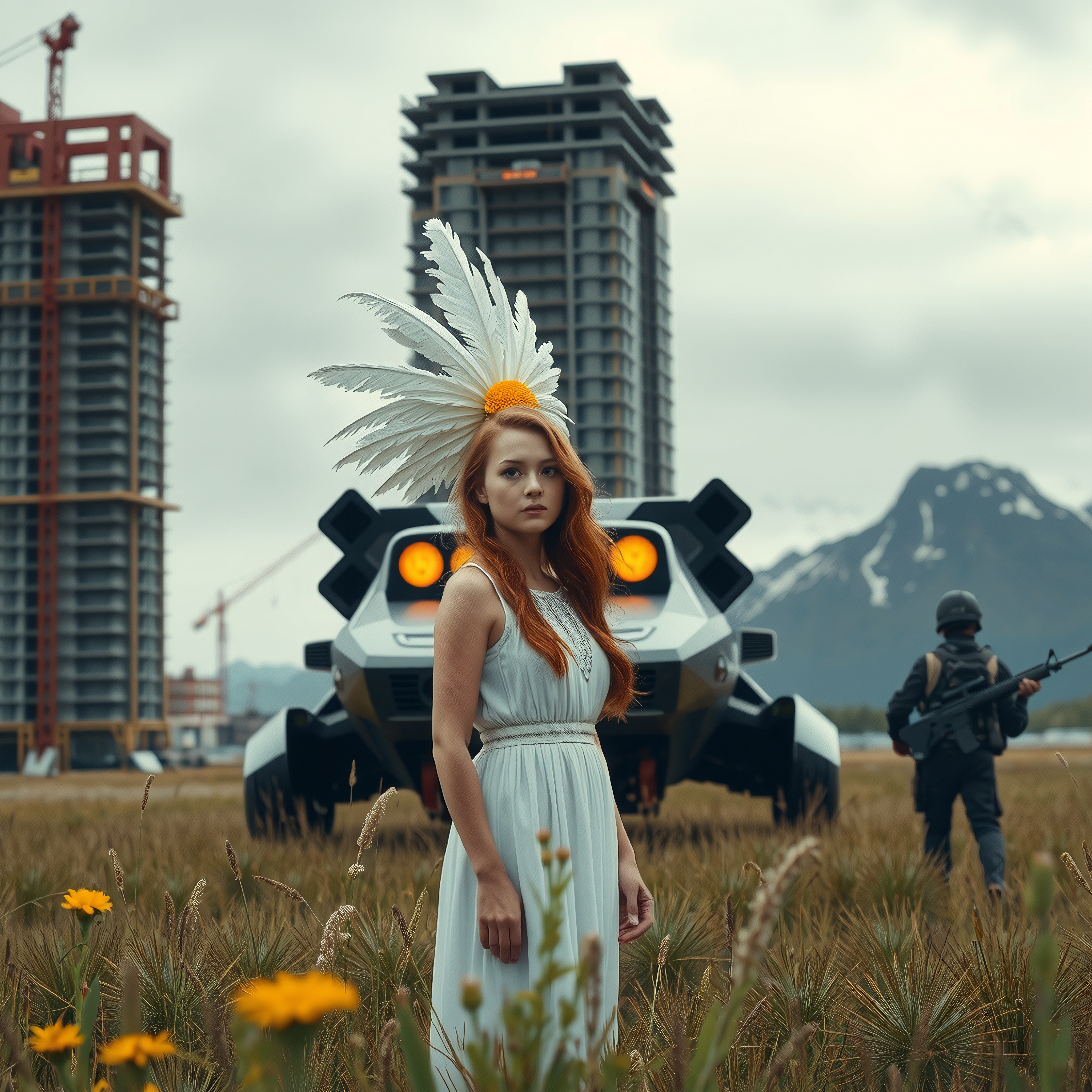 A red-haired woman in a light blue dress with a feathered headpiece stands in a field, with mountains, a futuristic vehicle, and a soldier in the background.