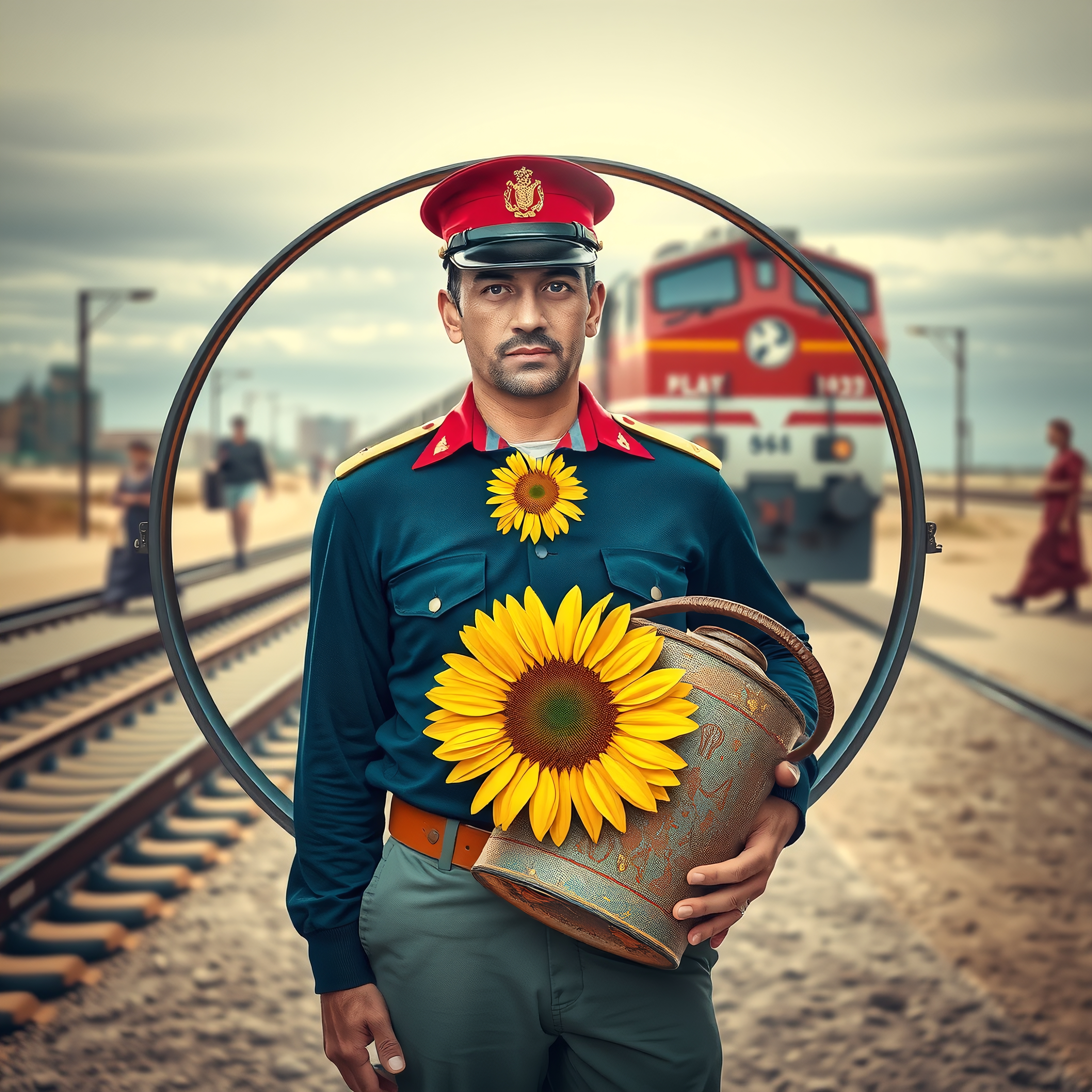 A man in uniform holding a watering can with sunflowers, standing on a railway platform with a train approaching.