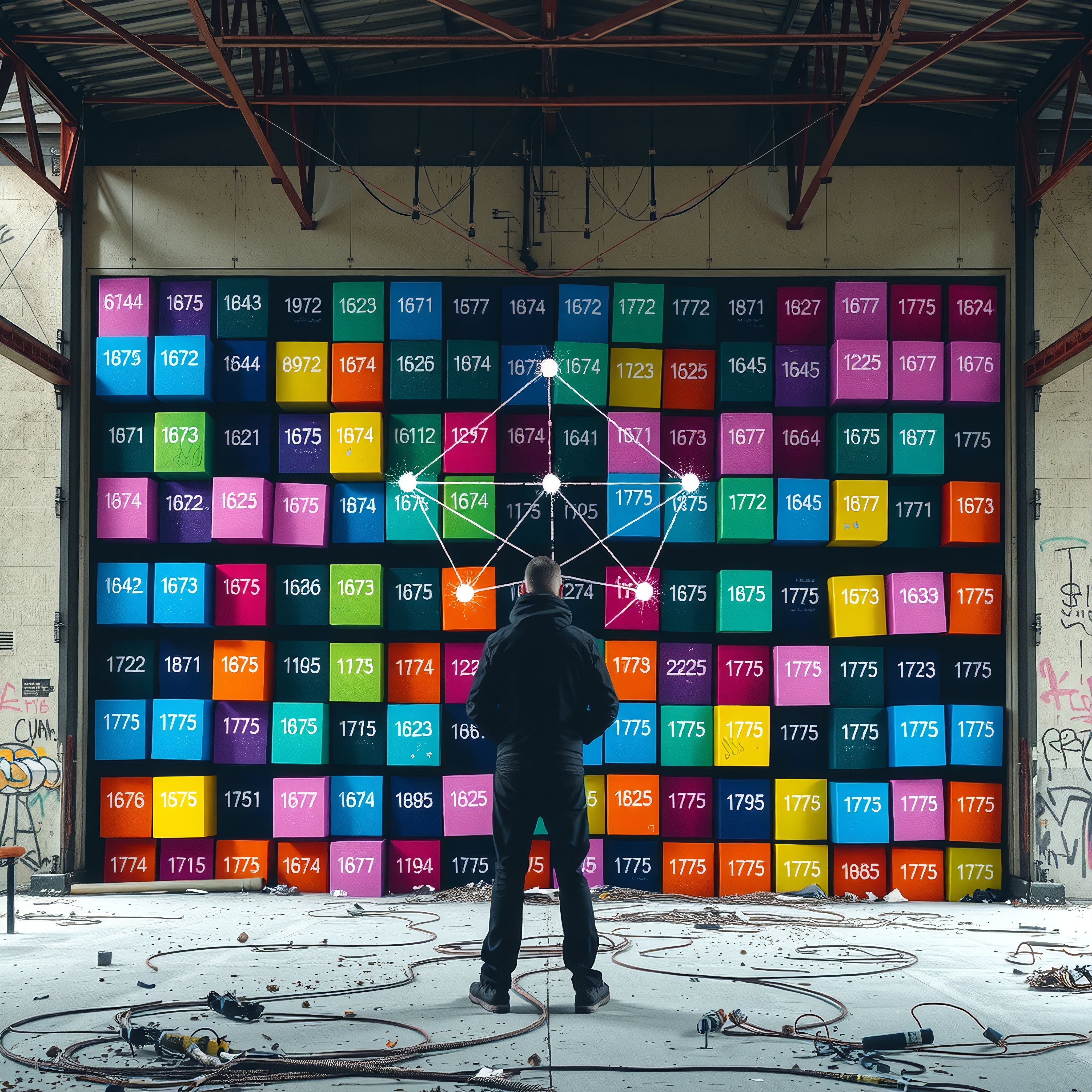 A man in a warehouse stands before a vibrant, number-covered wall with digital interface elements, surrounded by wires and graffiti.