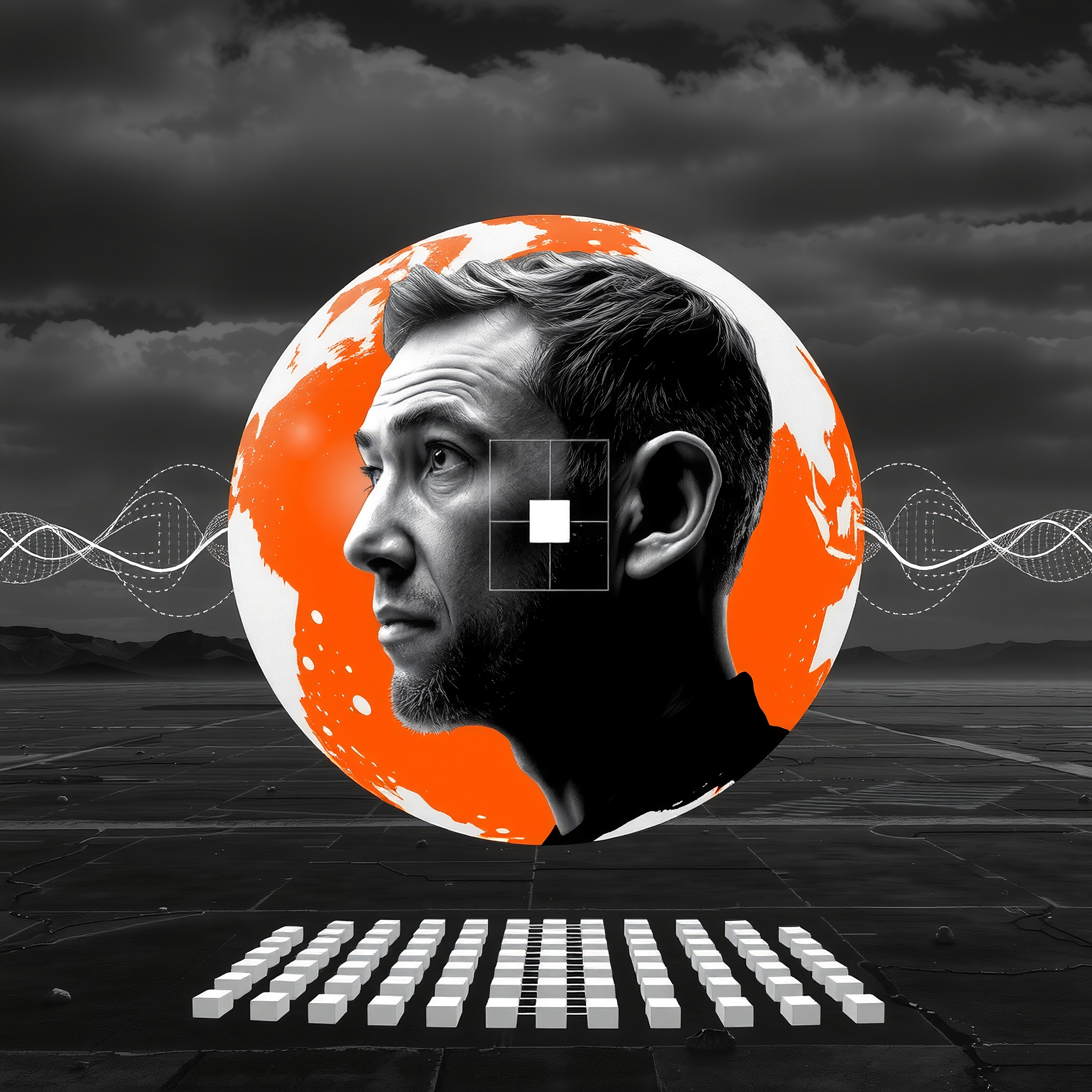 Futuristic image of man blending technology and art.
