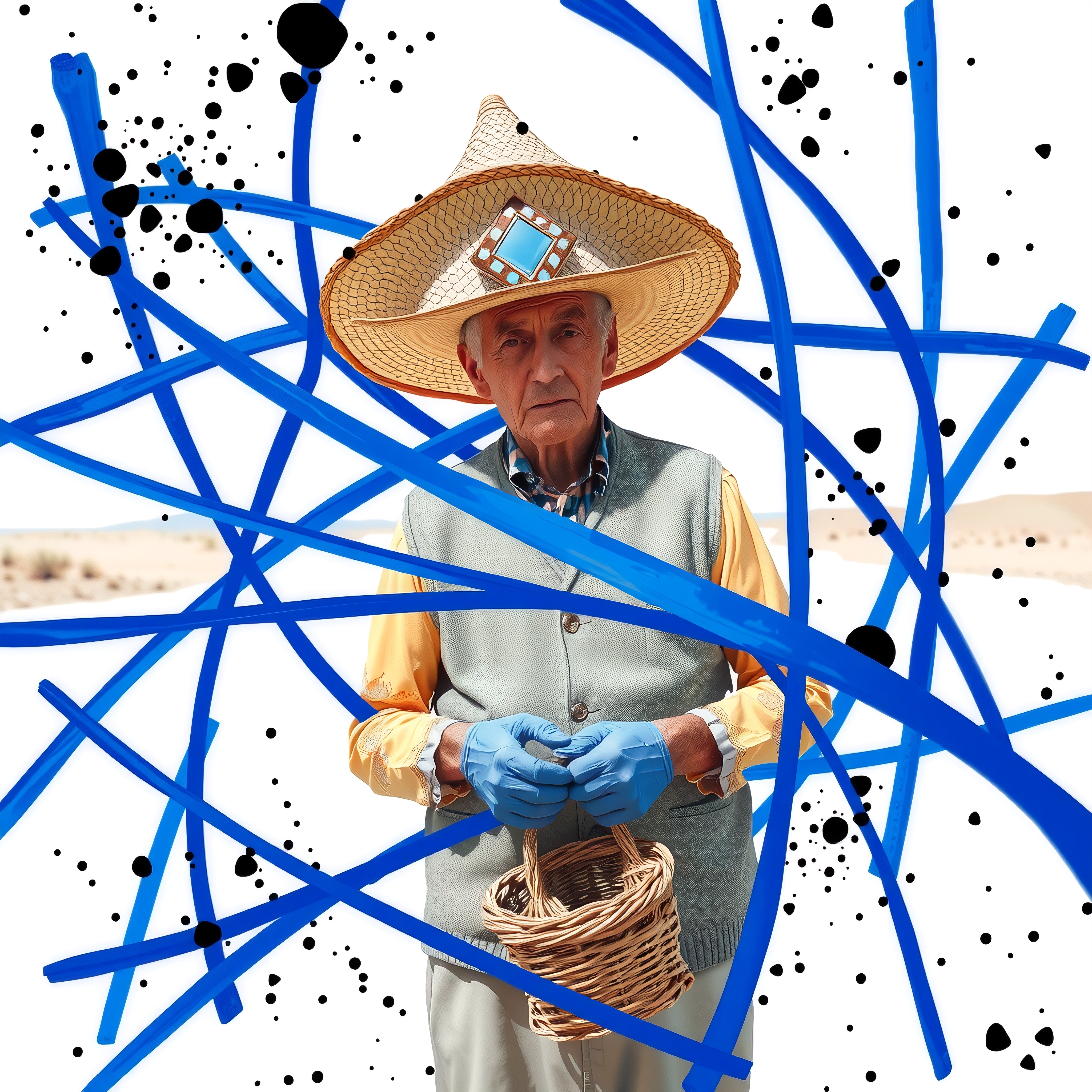 Elderly man stands in abstract artistic setting with blue lines and dots.