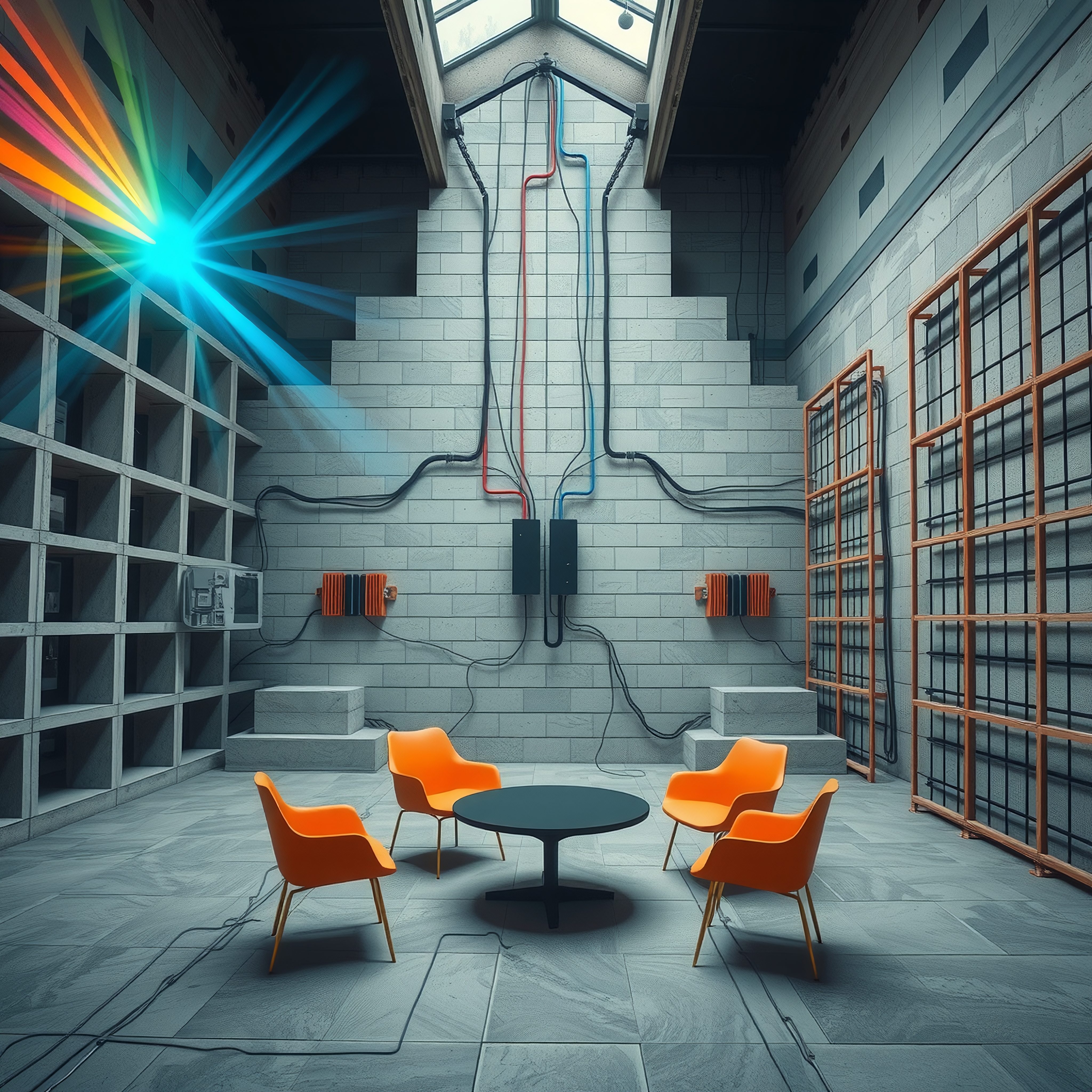 A modern industrial room with bright orange chairs, concrete walls, and a colorful holographic effect under a skylight.