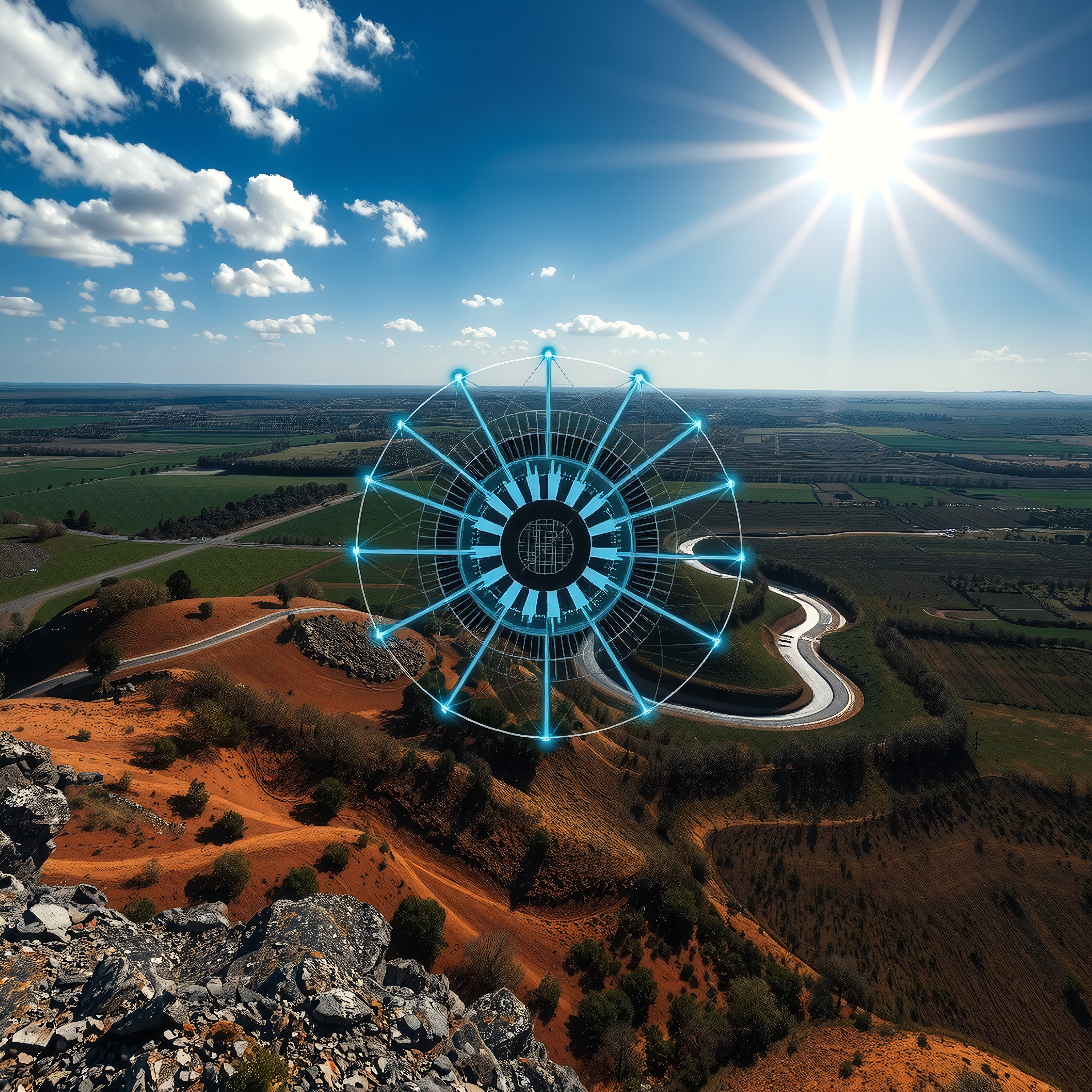 A holographic digital interface overlays a sunlit rural landscape, blending technology with nature.