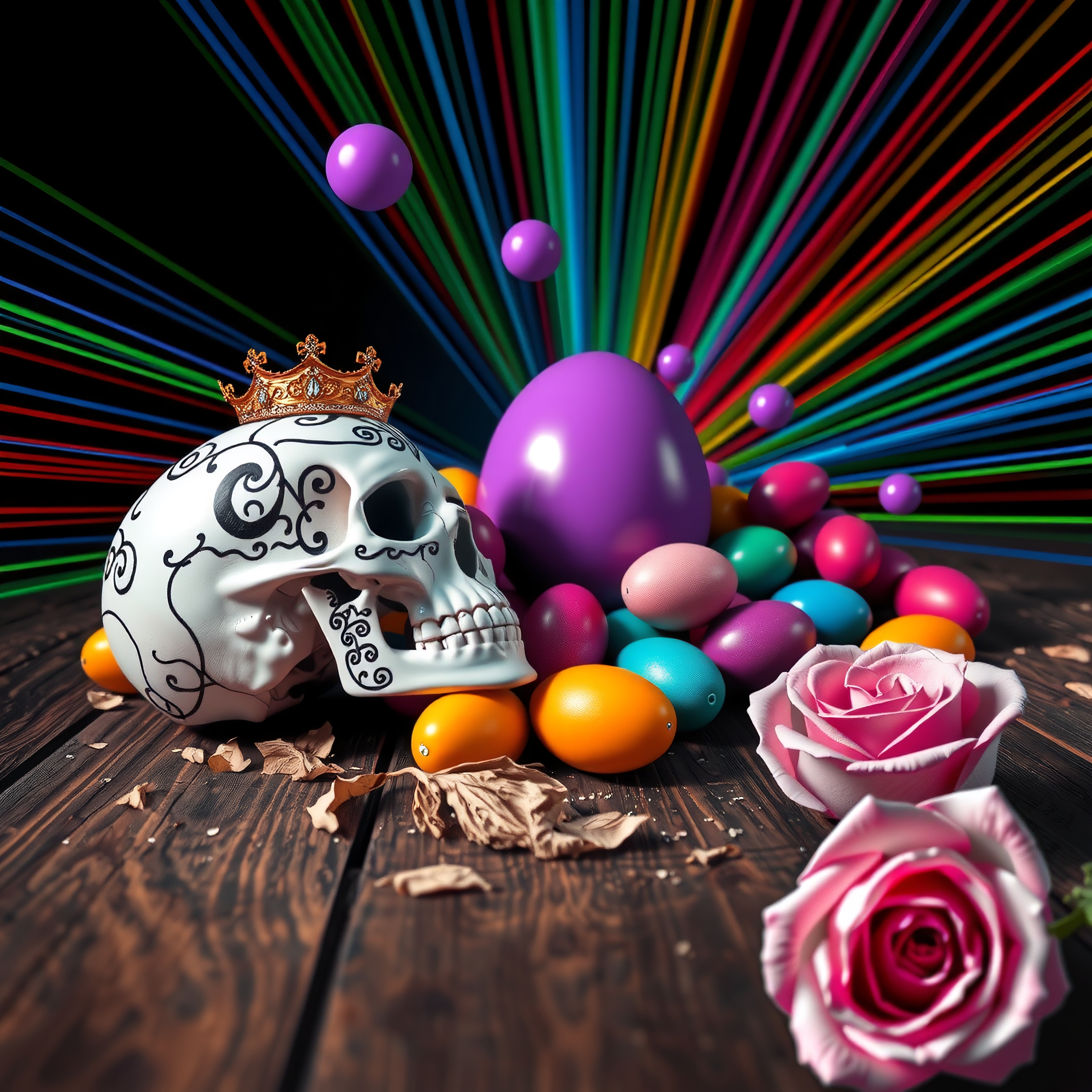 Decorative skull with a crown, surrounded by colorful eggs and roses, vibrant lines in the background enhance the lively festive scene.