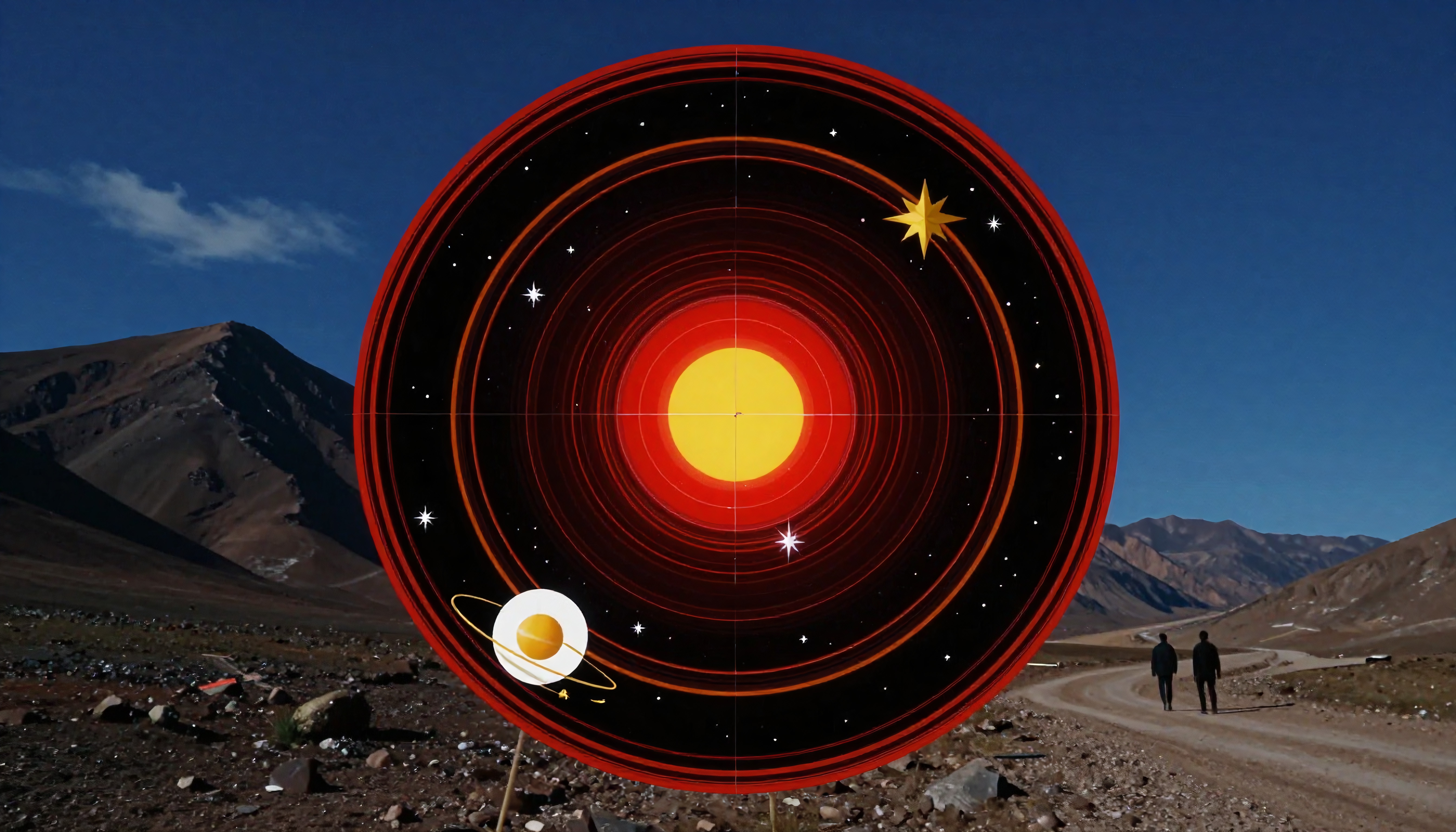 A vibrant mural of the solar system set against mountainous terrain, blending art and nature.