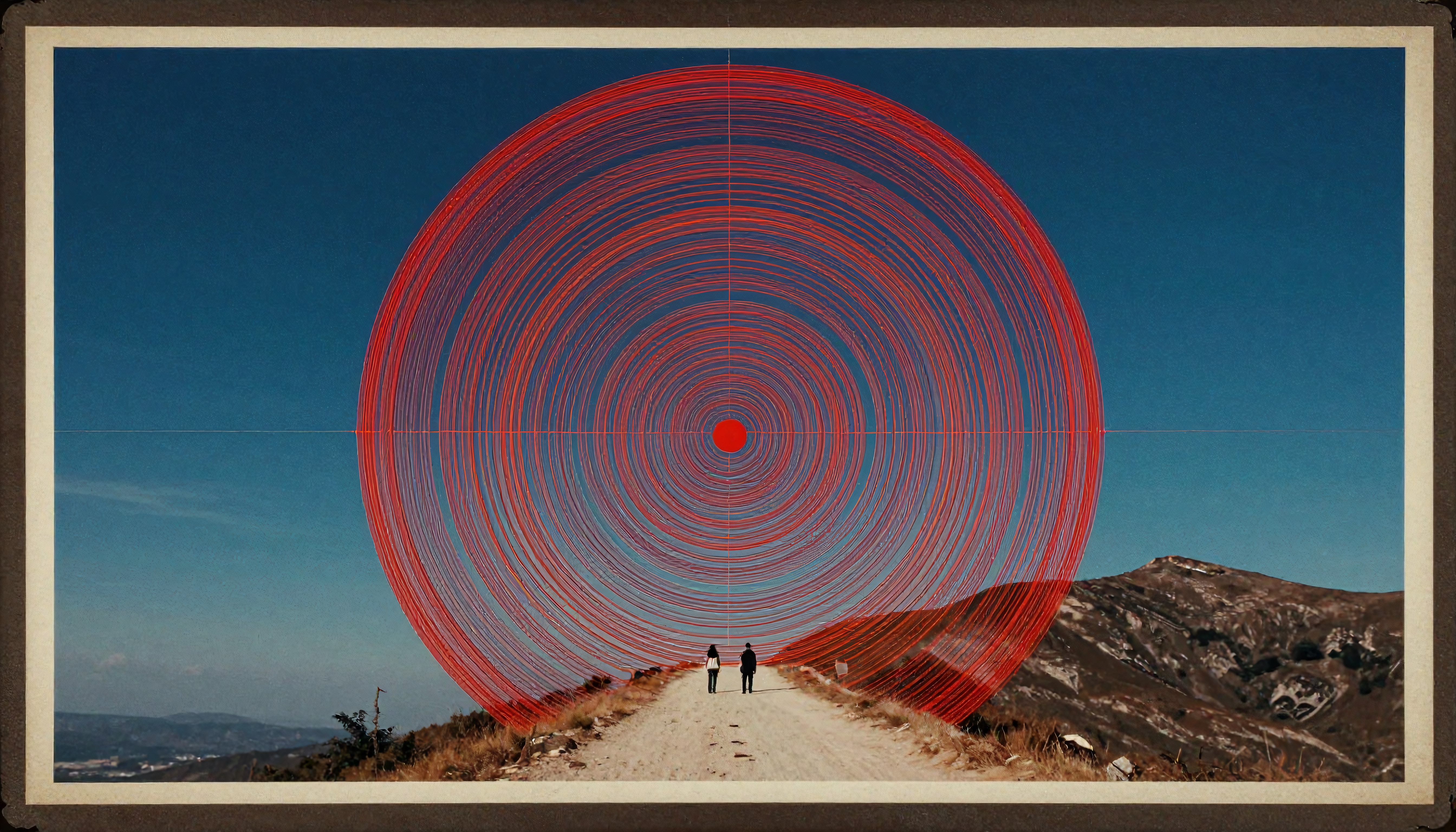 Two people walking through abstract circles in a mountainous landscape under a clear blue sky.