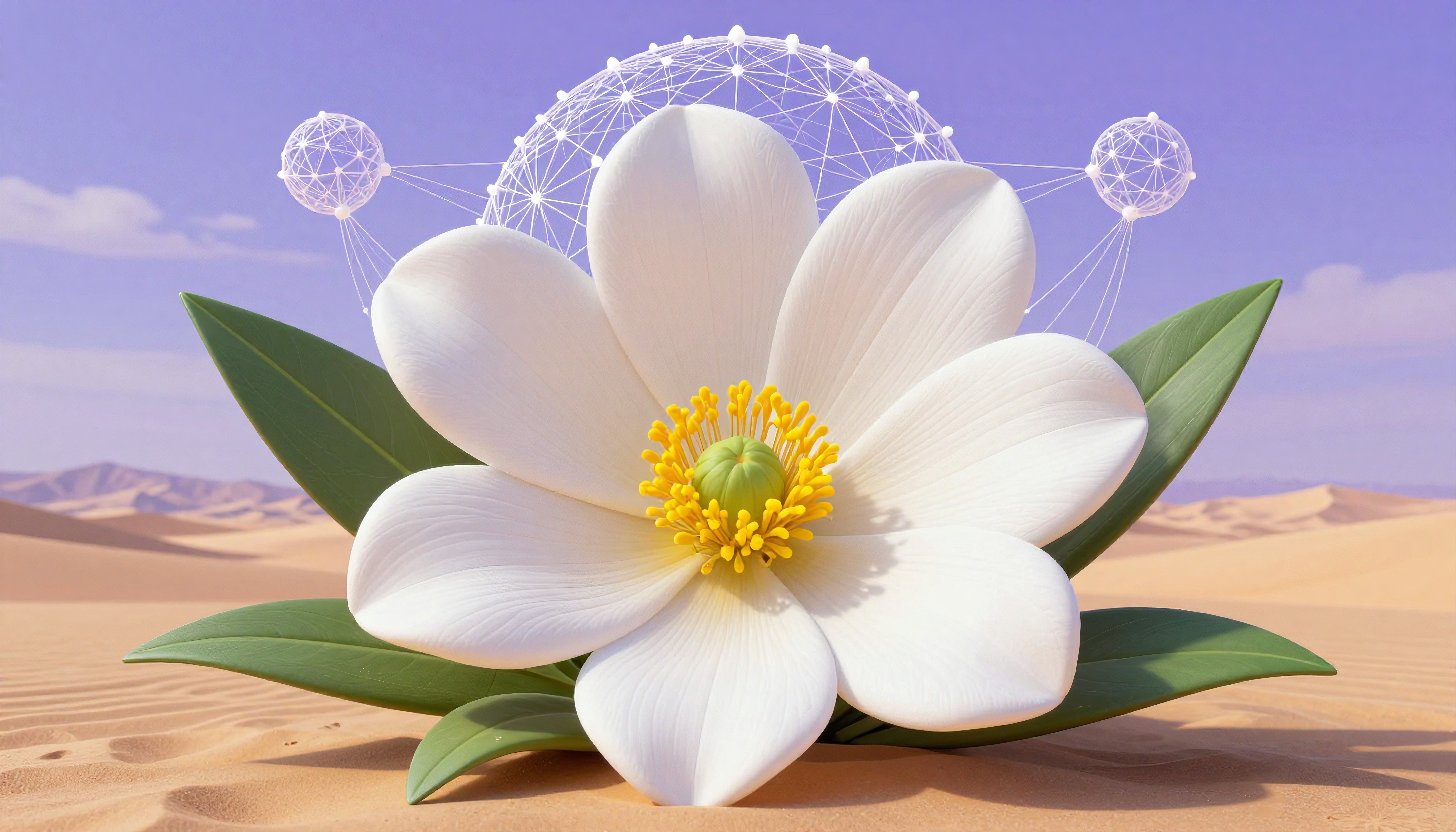 A large white flower with yellow center in desert landscape.