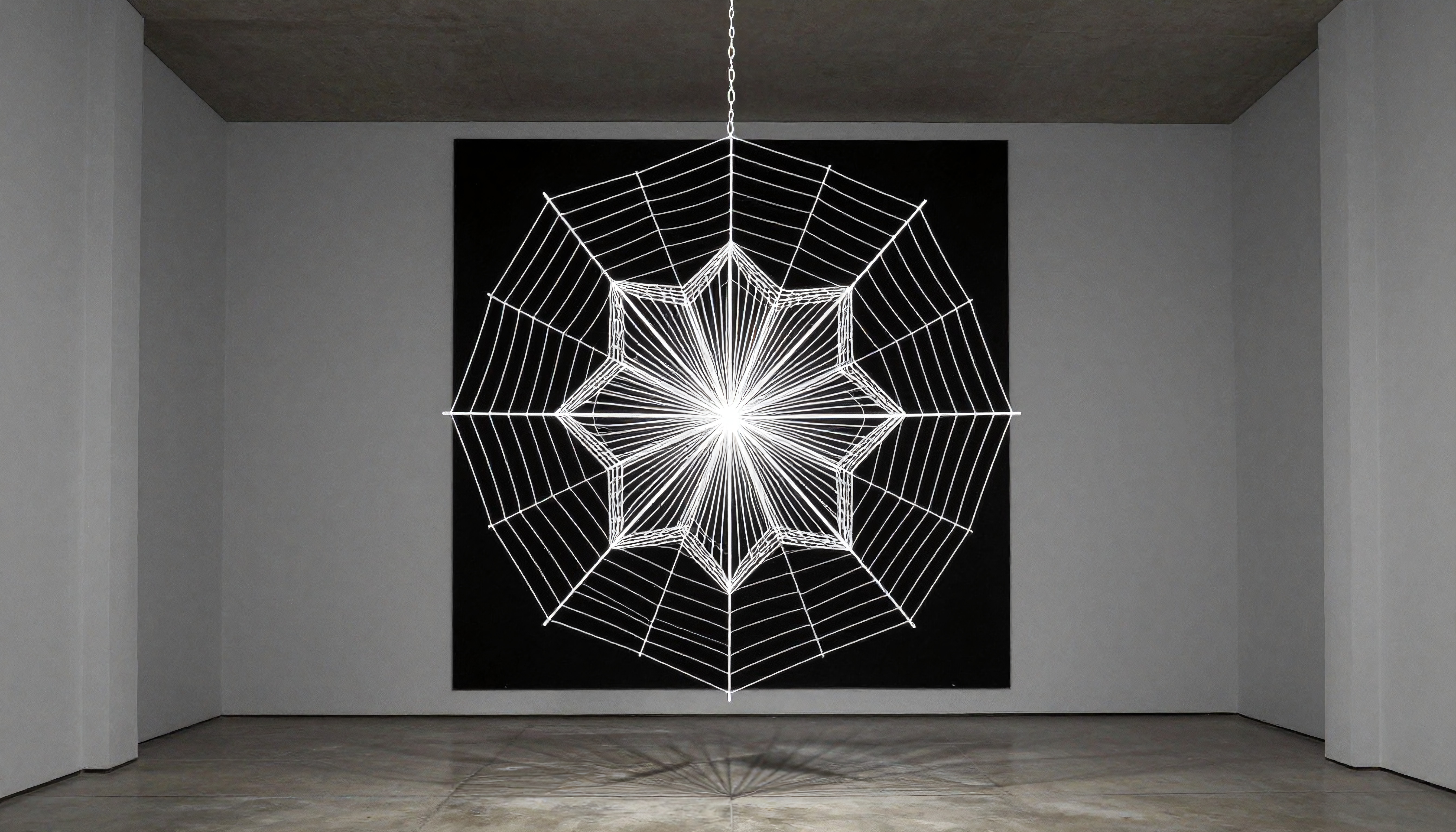 Geometric string art installation on black canvas in minimalist gallery