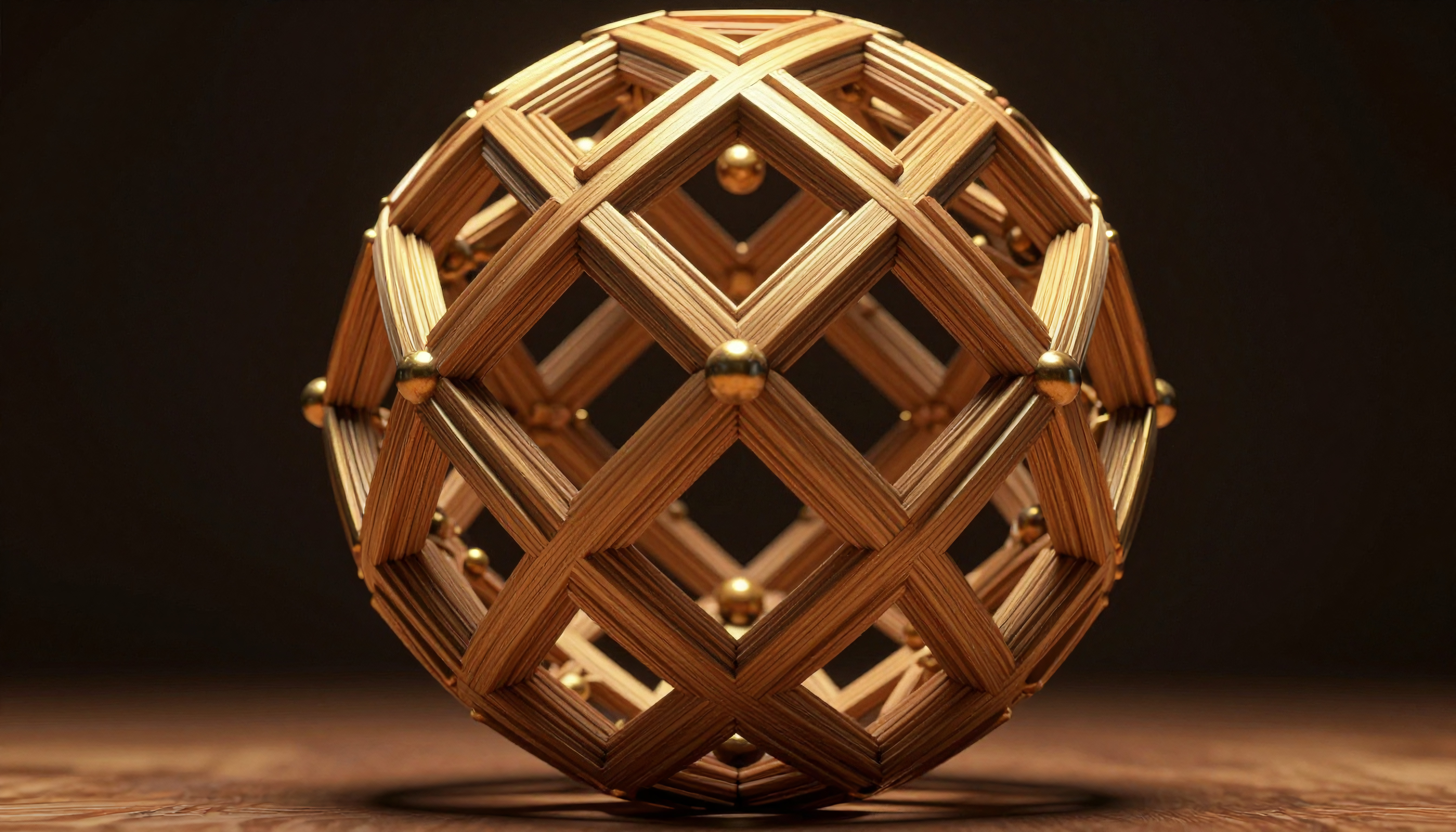 Wooden lattice sphere with golden nodes geometric art sculpture dark background