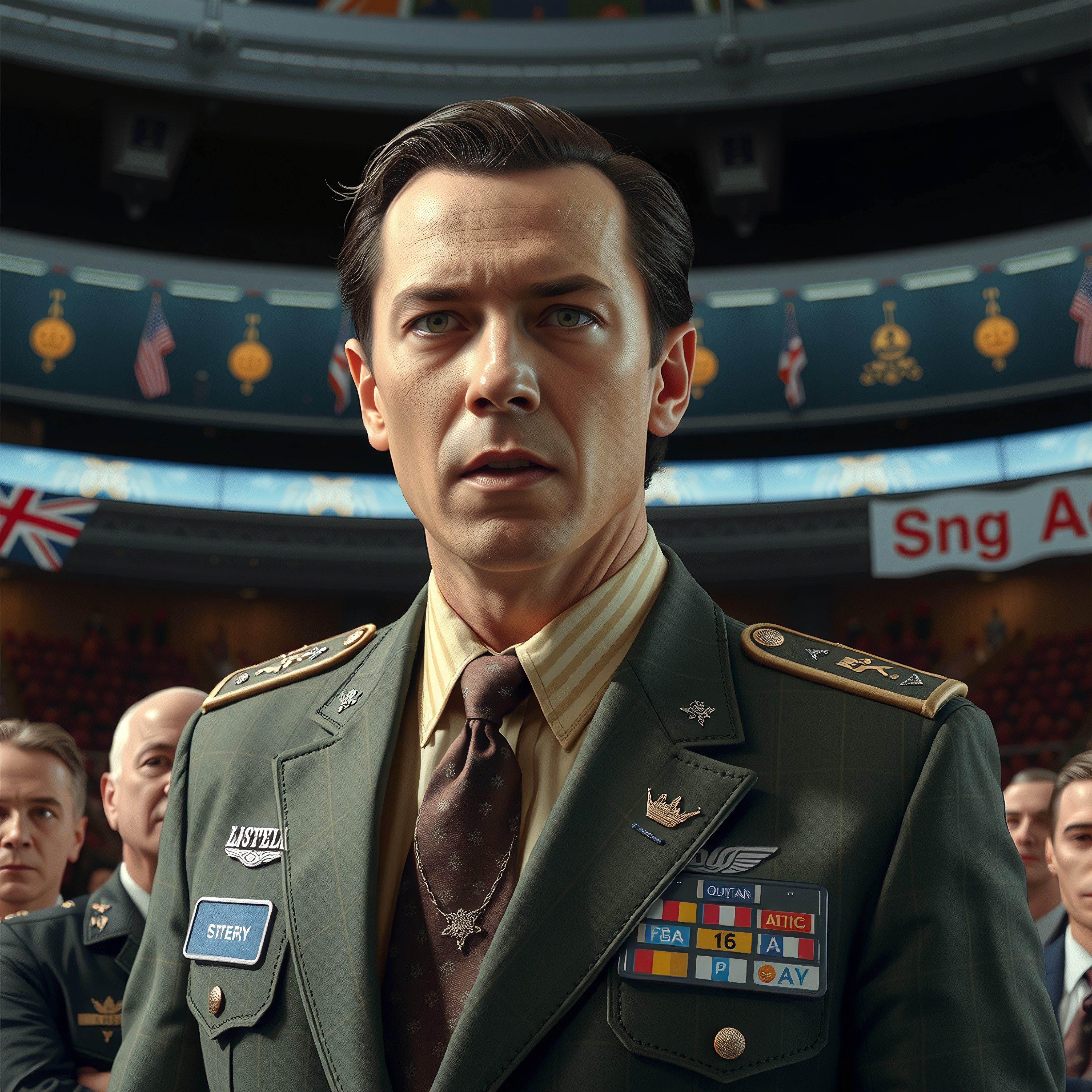 A stern military officer stands prominently in an arena, surrounded by significant insignia and international flags.