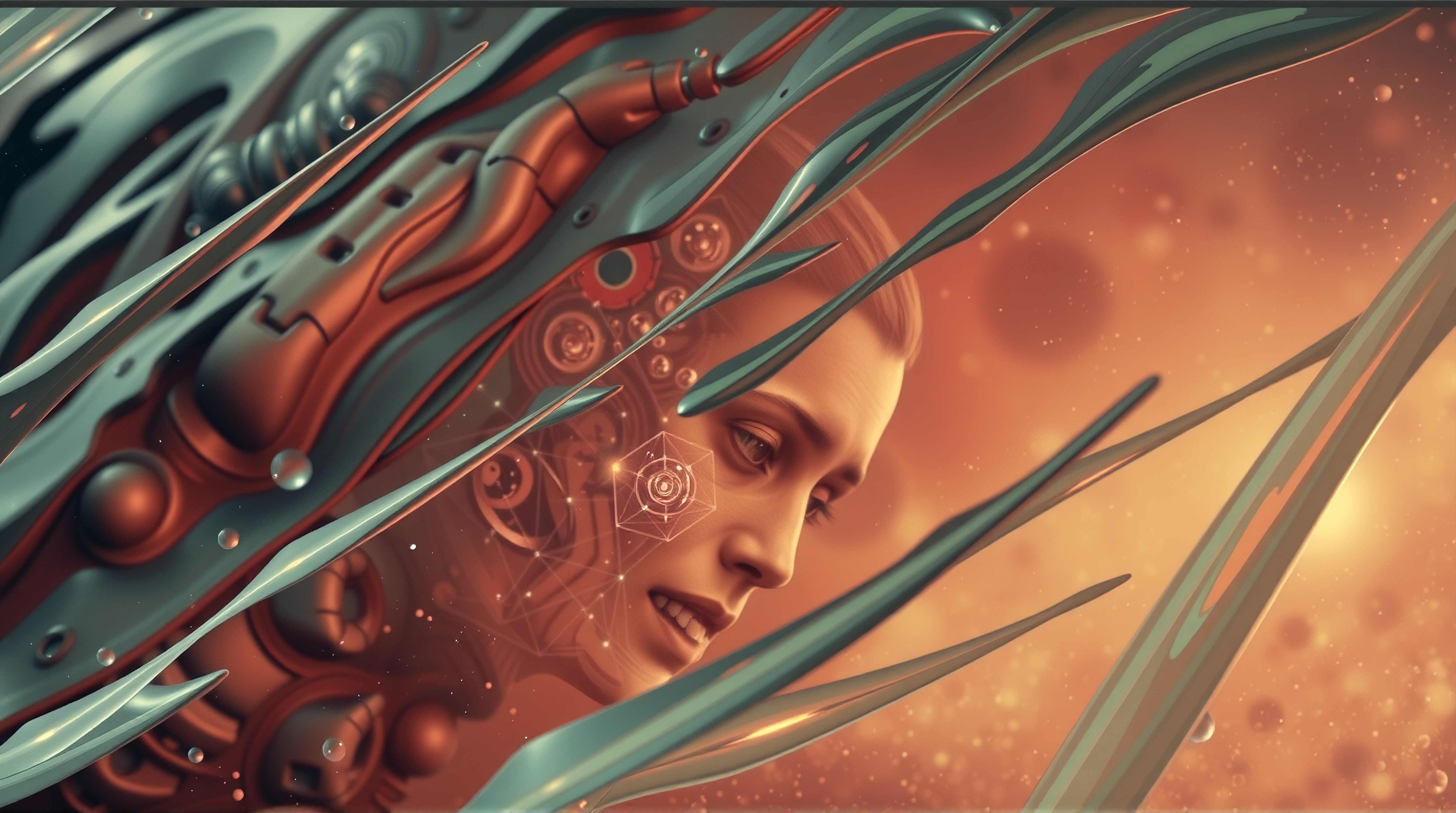 A futuristic face intertwined with mechanical elements against an orange backdrop.