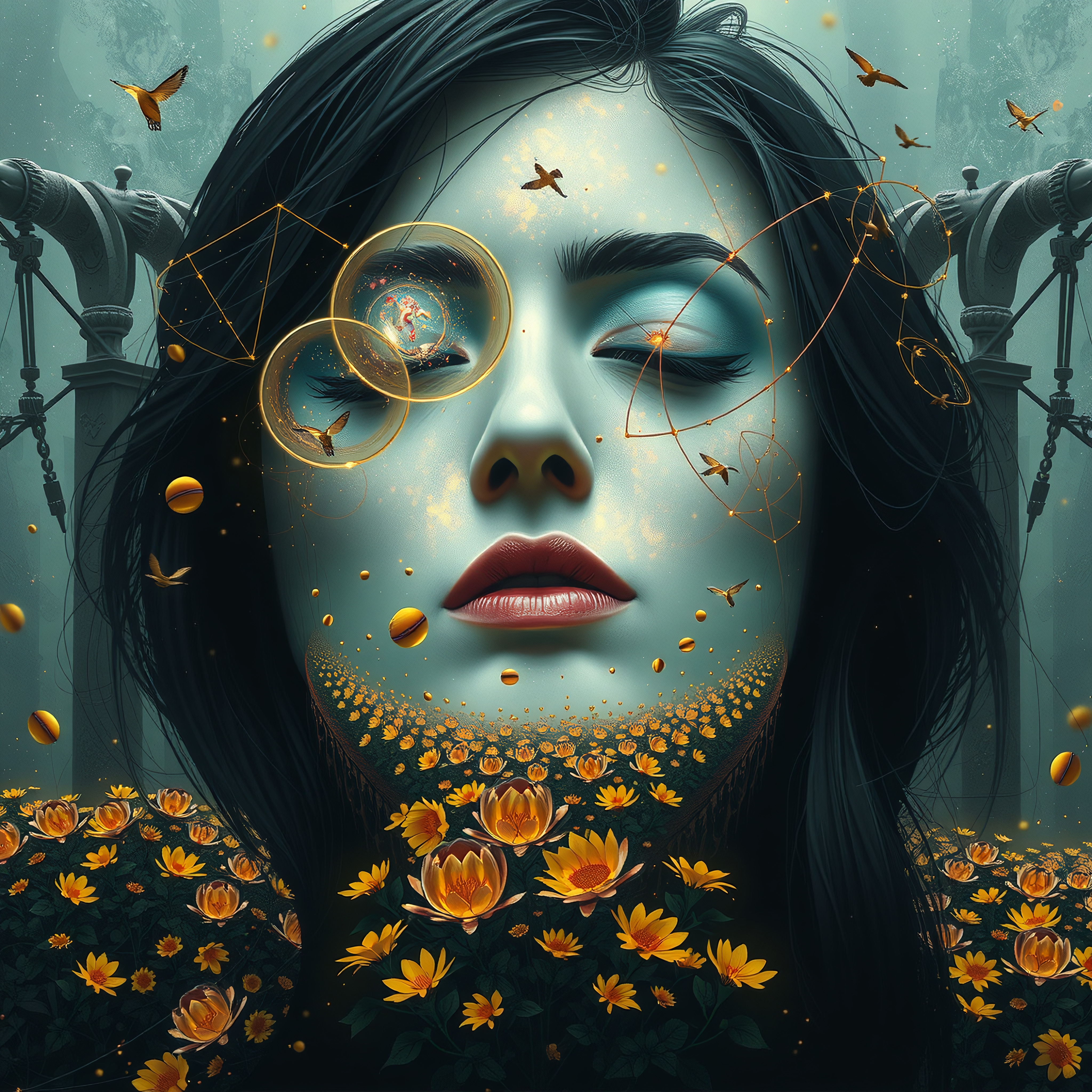 A woman in a surreal setting surrounded by flowers, butterflies, and golden geometry.
