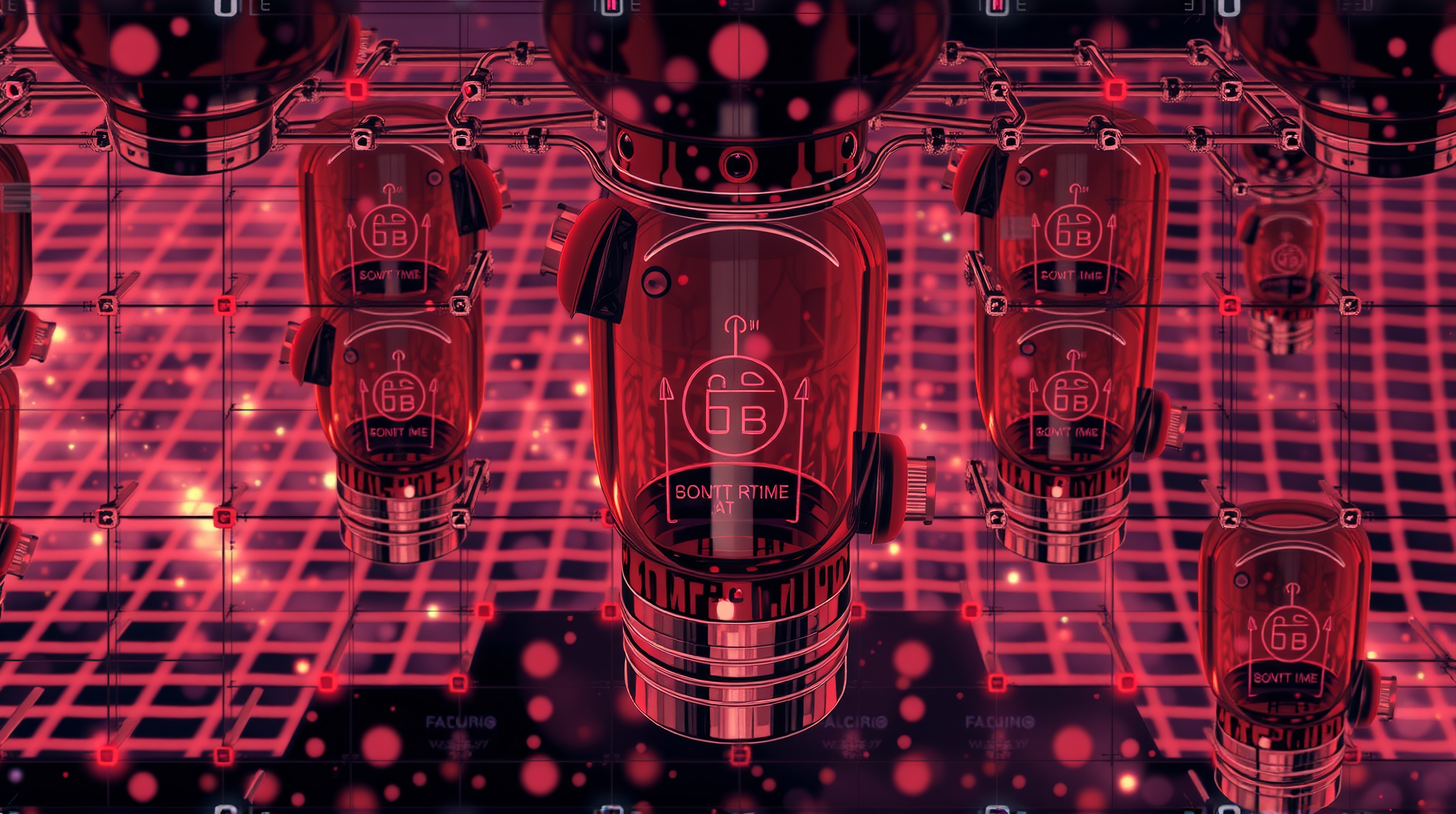 Futuristic digital network with glowing red elements.
