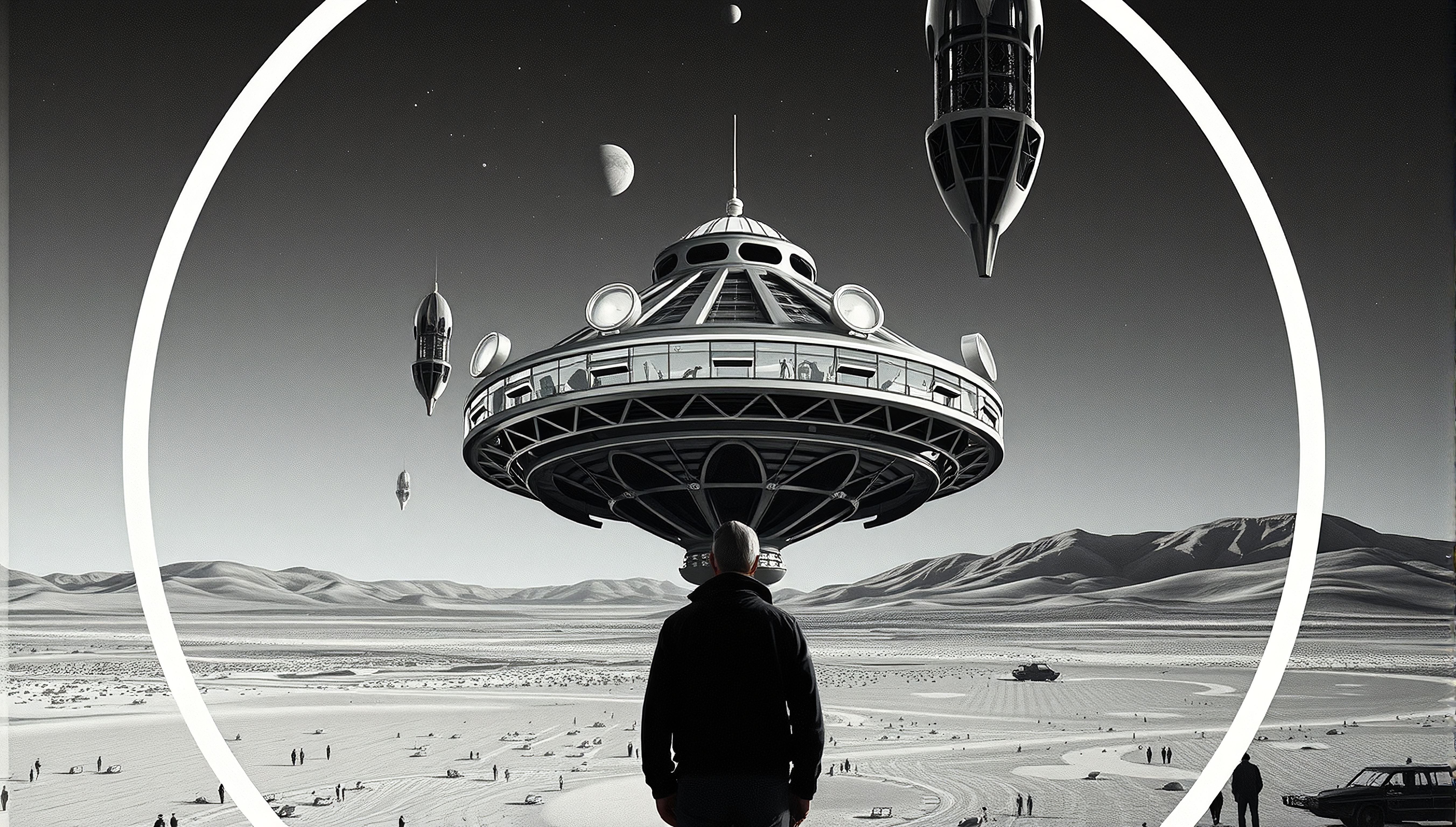A futuristic scene of a desert with a hovering flying saucer, suggesting extraterrestrial exploration and advanced technology.