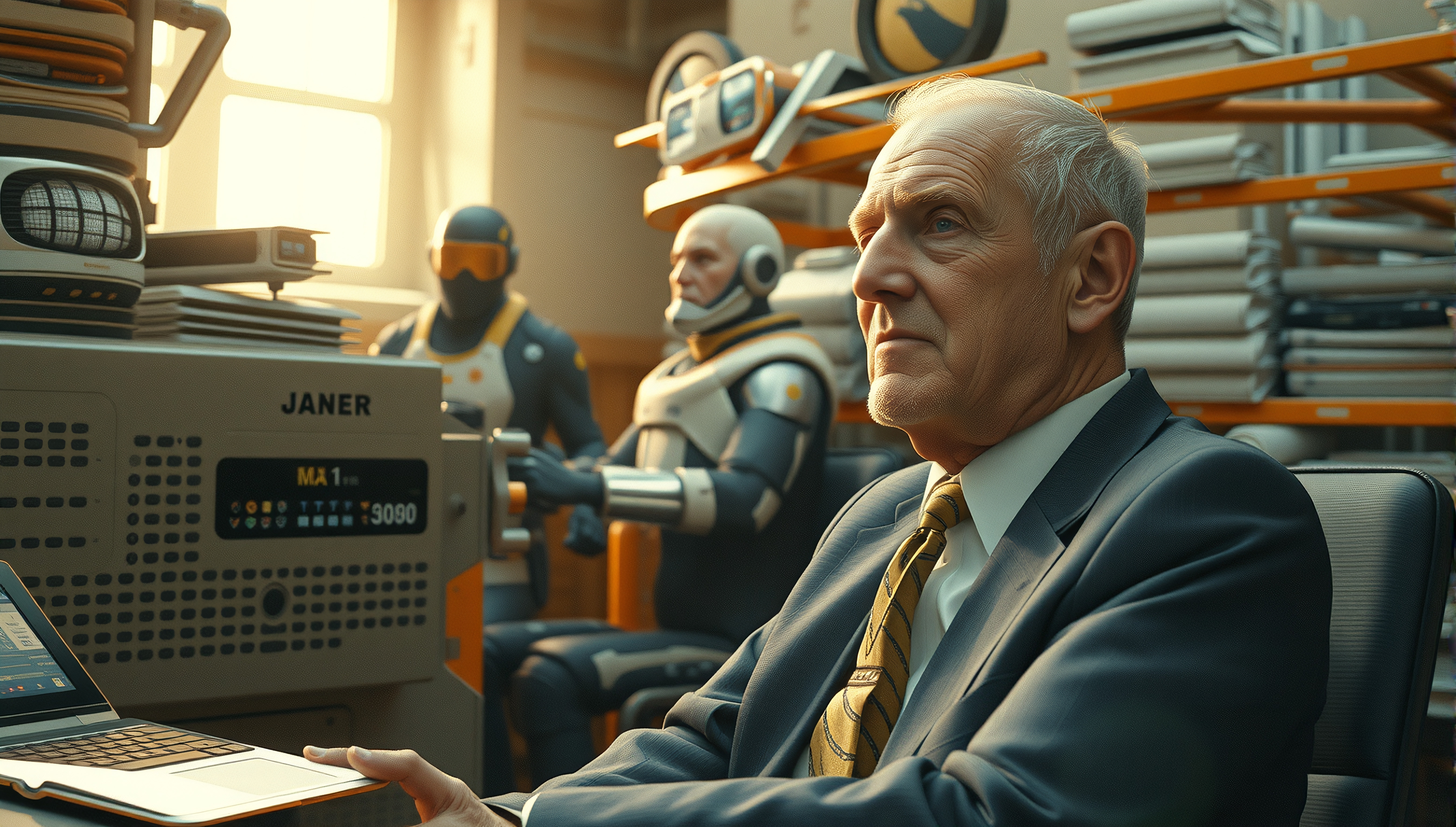An elderly man works in a futuristic office with humanoid robots and advanced technology surrounding him.